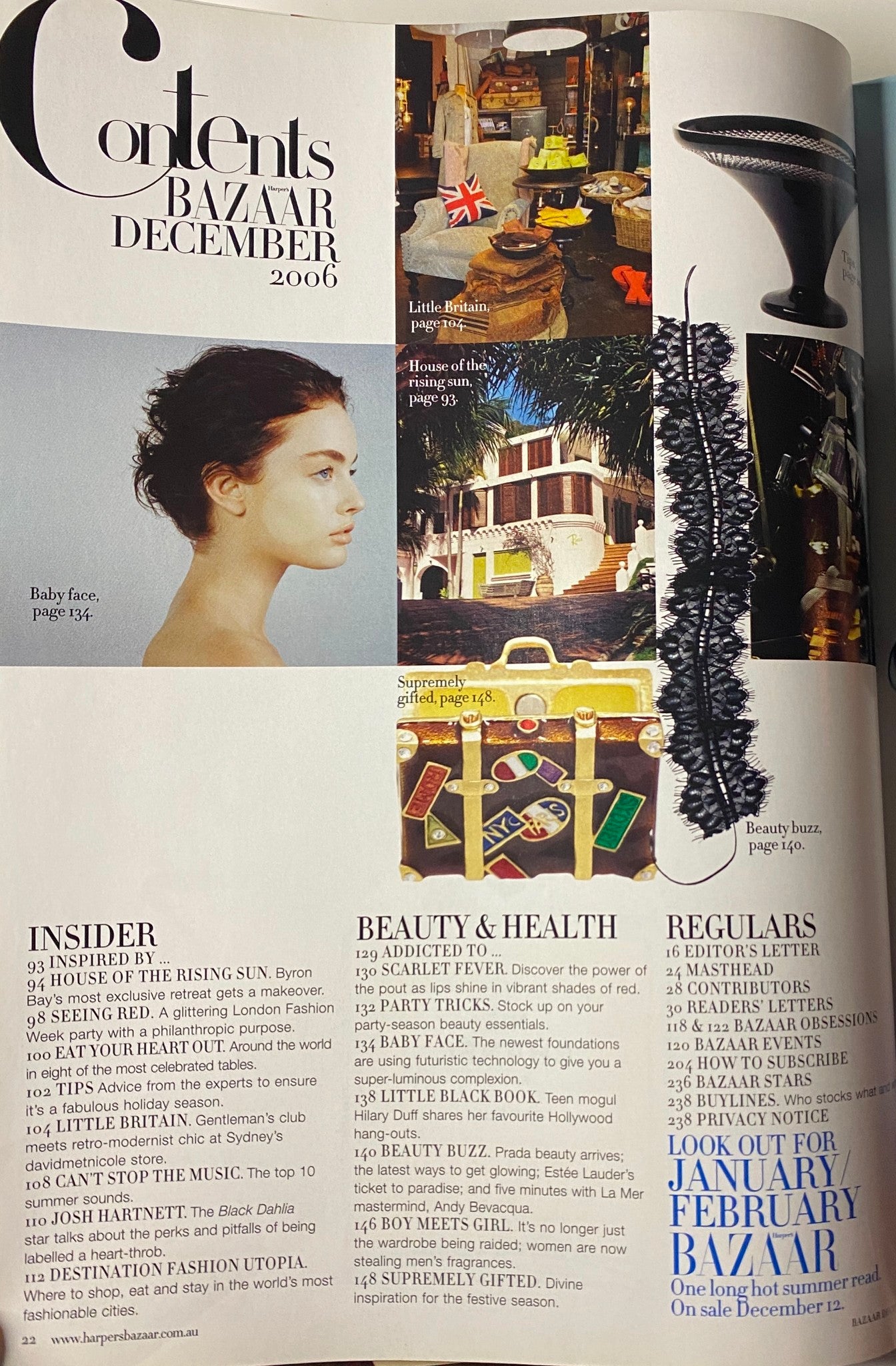 Second contents page of Harper's Bazaar Australia Magazine December 2006, detailing insider fashion and beauty features.