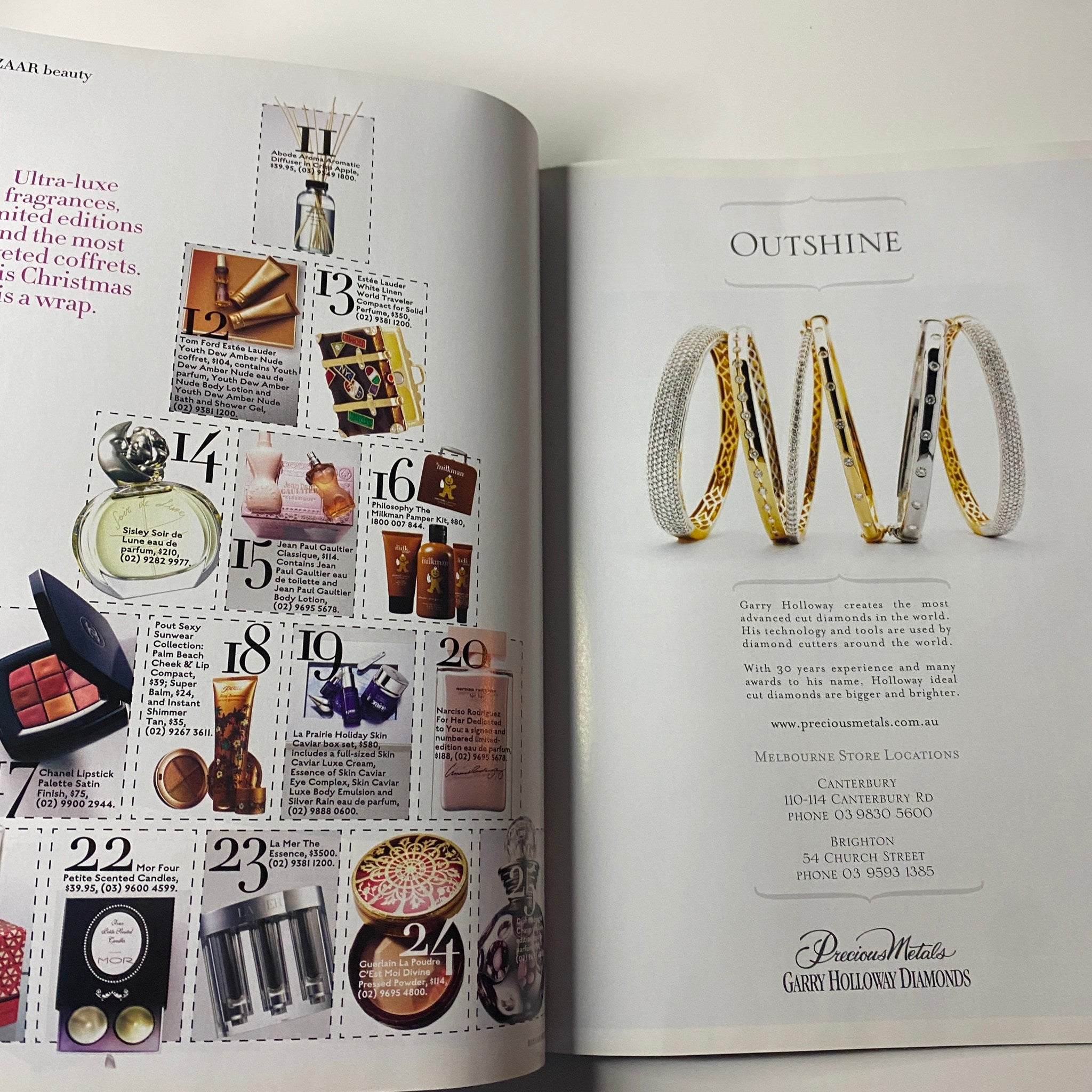 Luxury beauty products advertisement highlighting exclusive fragrances and cosmetics, from Harper's Bazaar Australia December 2006 issue with Kirsten Dunst on the cover.