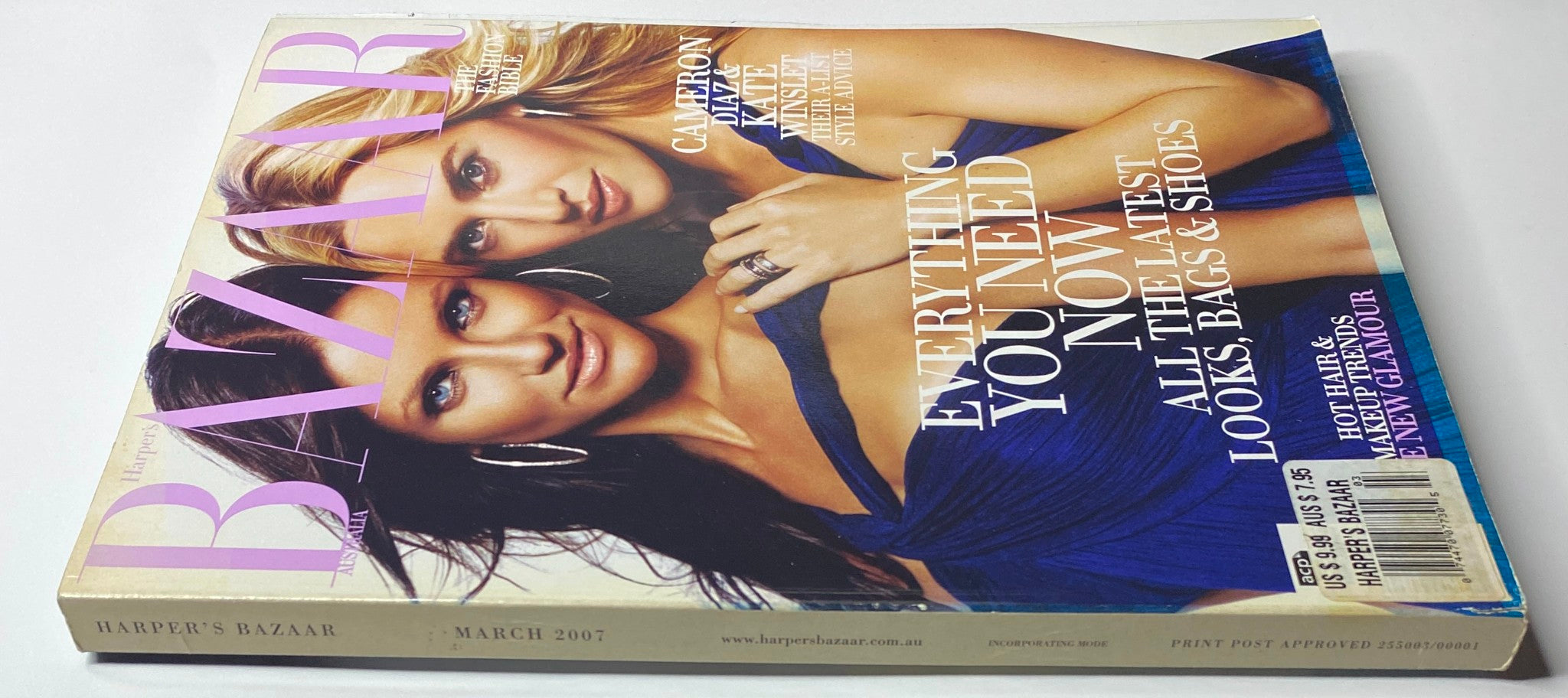 Magazine spine of Harper's Bazaar Australia March 2007 with a focus on Cameron Diaz and Kate Winslet, listing features about latest fashion looks, bags, and shoes.