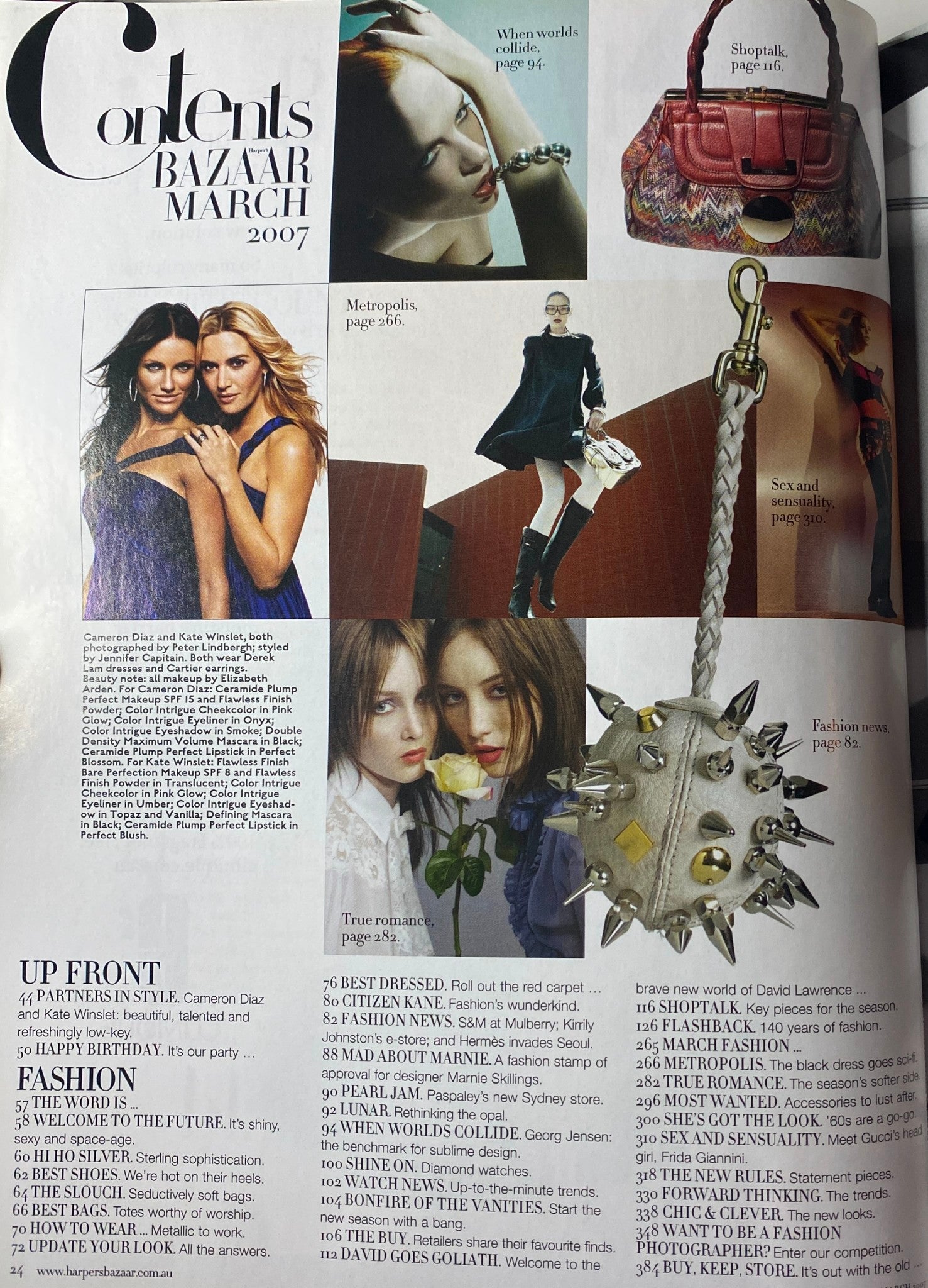 Contents page of Harper's Bazaar Australia March 2007, highlighting main articles including 'Partners in Style' featuring Cameron Diaz and Kate Winslet, and various fashion features.
