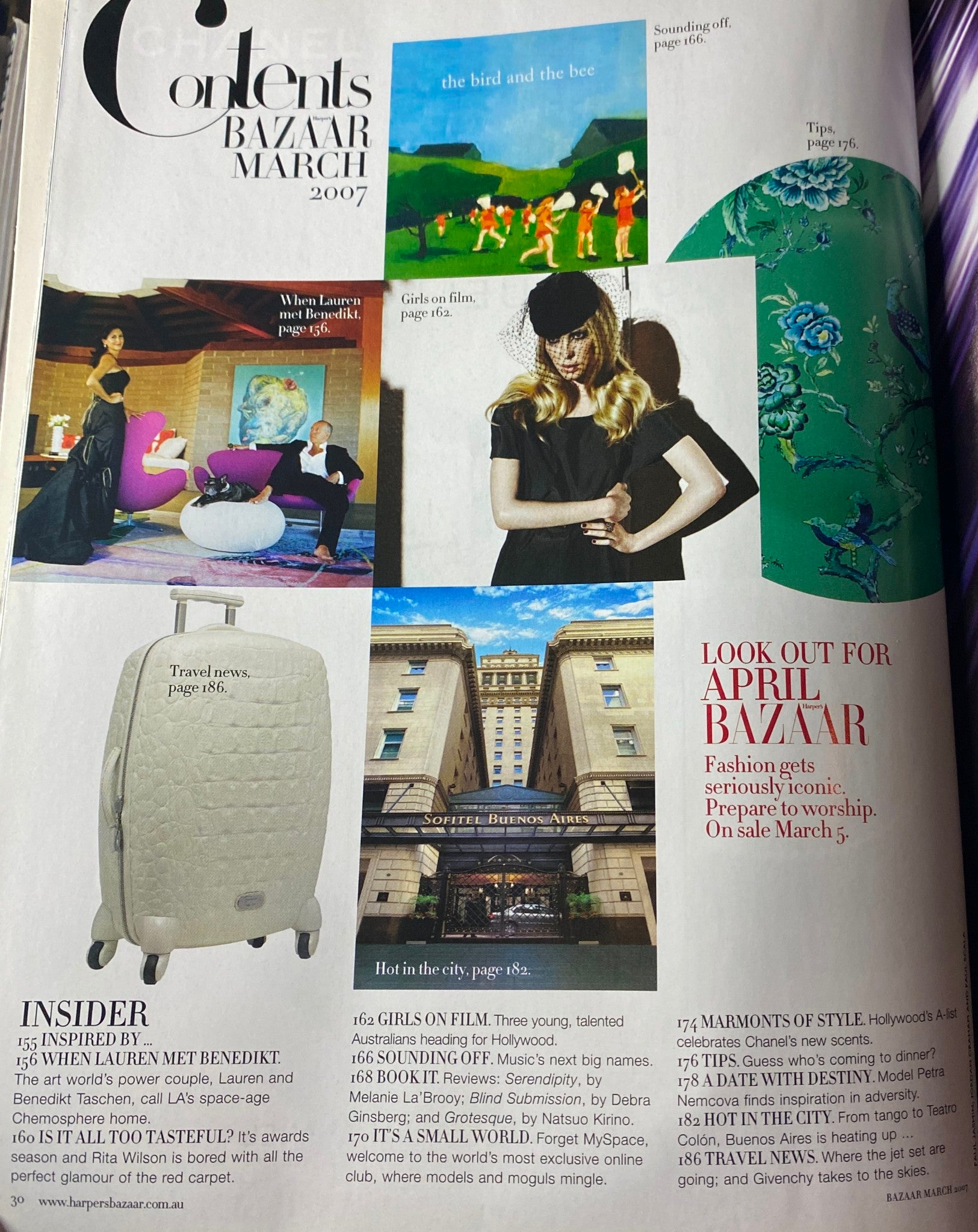 Another contents page of Harper's Bazaar Australia March 2007, showcasing articles and fashion highlights, including a sneak peek into future issues.