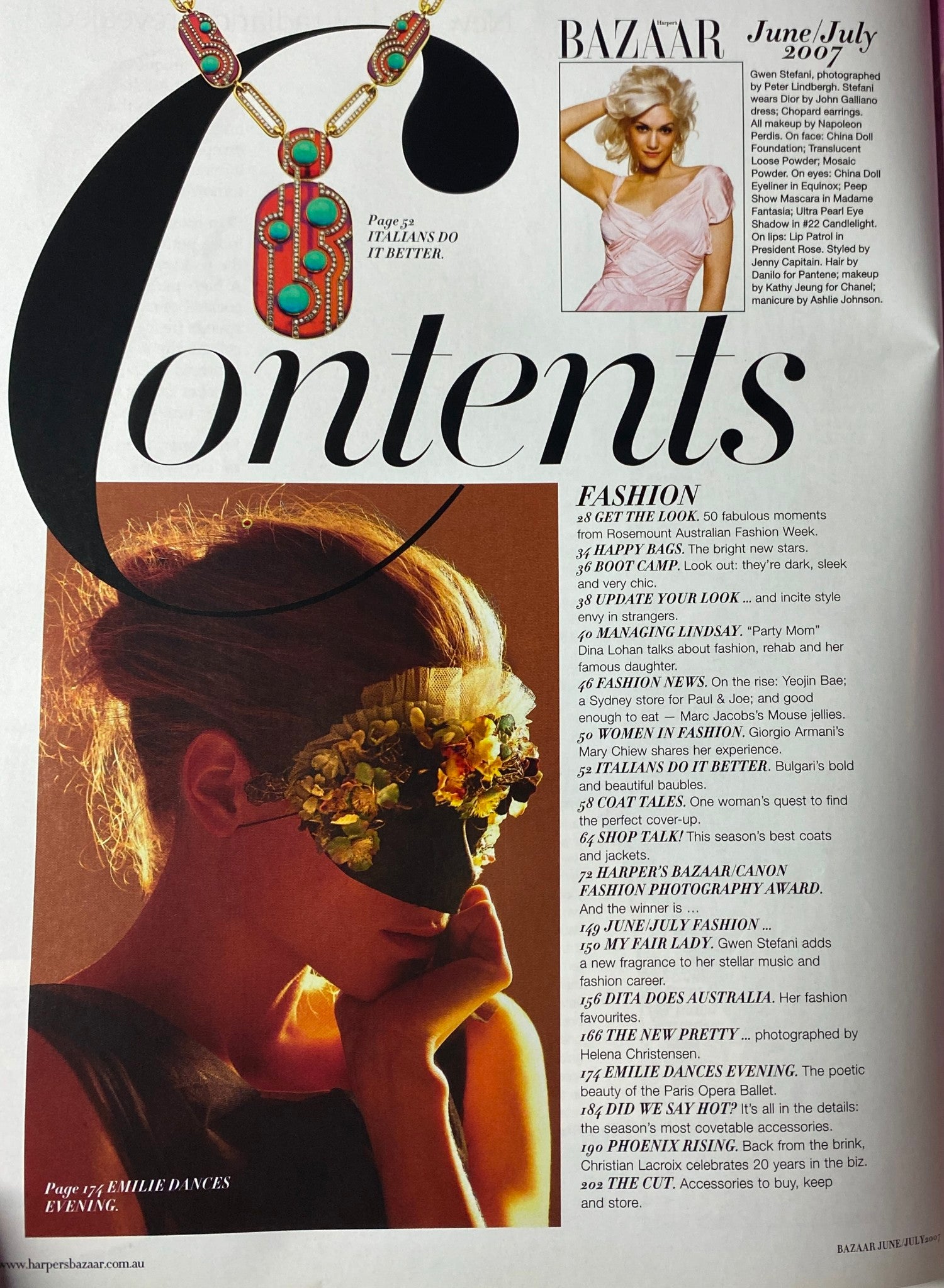 Table of contents page from Harper's Bazaar Australia Magazine June - July 2007, highlighting fashion features and articles including Gwen Stefani.