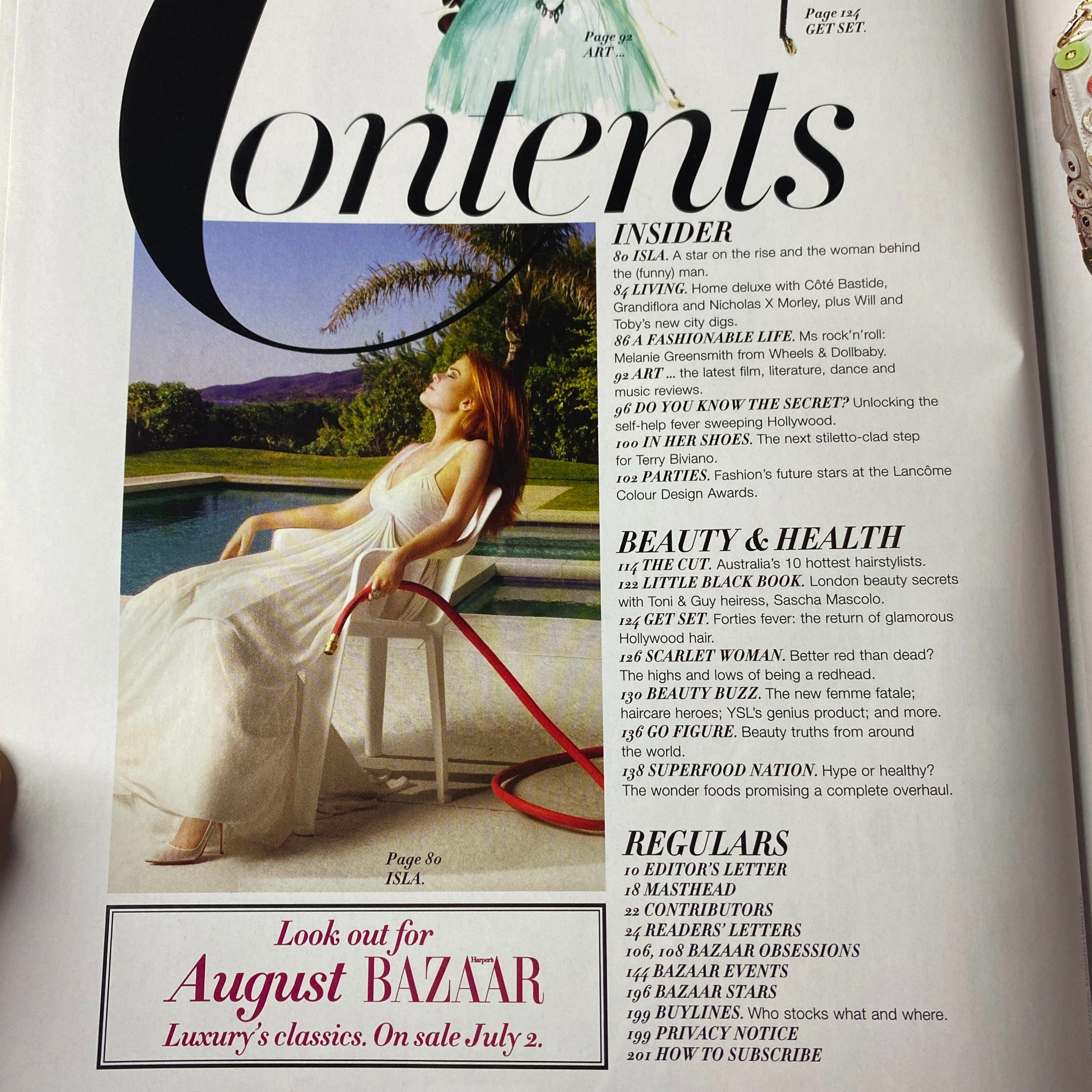 Contents page from Harper's Bazaar Australia Magazine June - July 2007, indicating upcoming features and insider notes with a glamorous aesthetic.