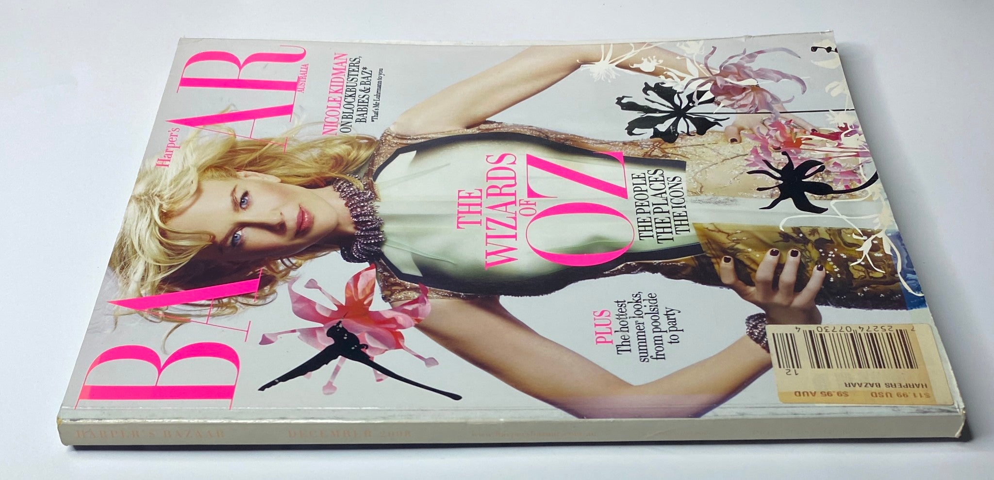 Side view of Harper's Bazaar Australia Magazine December 2008 with Nicole Kidman on the cover and the title 'The Wizards of Oz', highlighting stylish summer looks for party season.