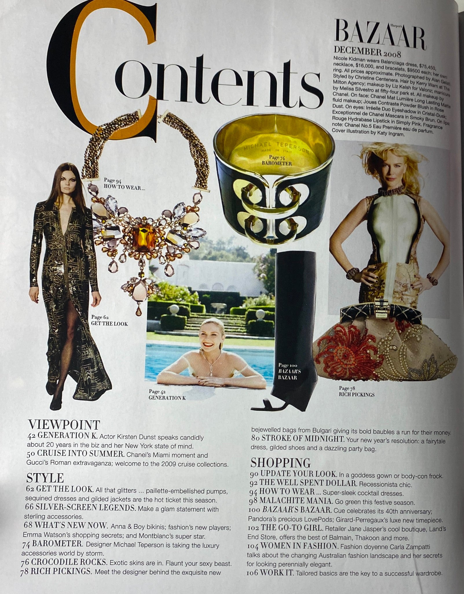 Harper's Bazaar Australia Magazine December 2008 Contents Page featuring fashion items, highlights from the issue such as sequins and holiday looks.
