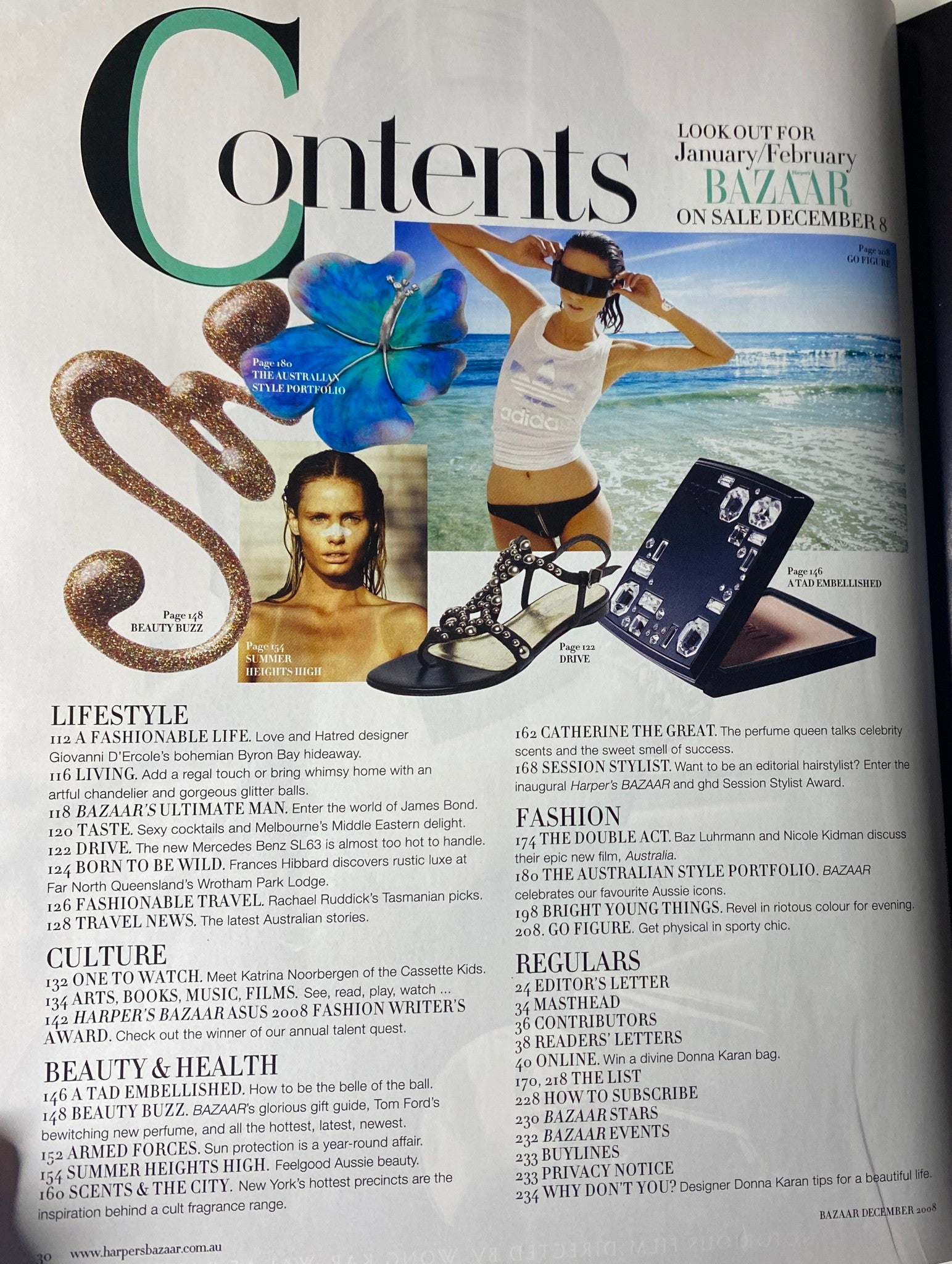 Harper's Bazaar Australia Magazine December 2008 Contents Page showcasing lifestyle and beauty sections with featured accessories and fashion pieces.