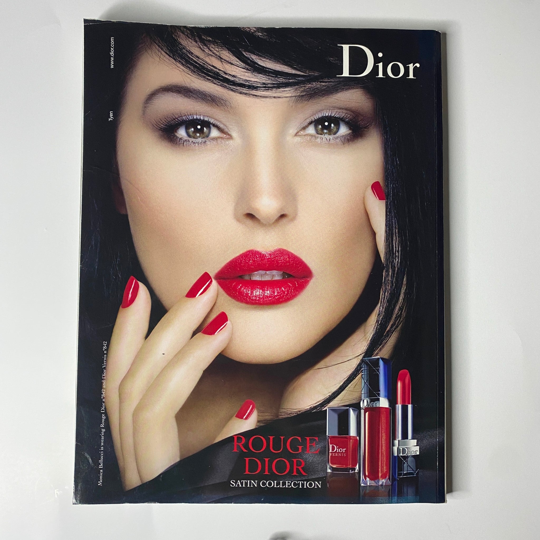 Dior advertisement highlighting the Rouge Dior Satin Collection with a glamorous close-up of a woman's face, showcasing bold red lipstick and perfectly manicured nails. From Harper's Bazaar Australia Magazine, December 2008, Nicole Kidman Cover (No Label, VG Condition).