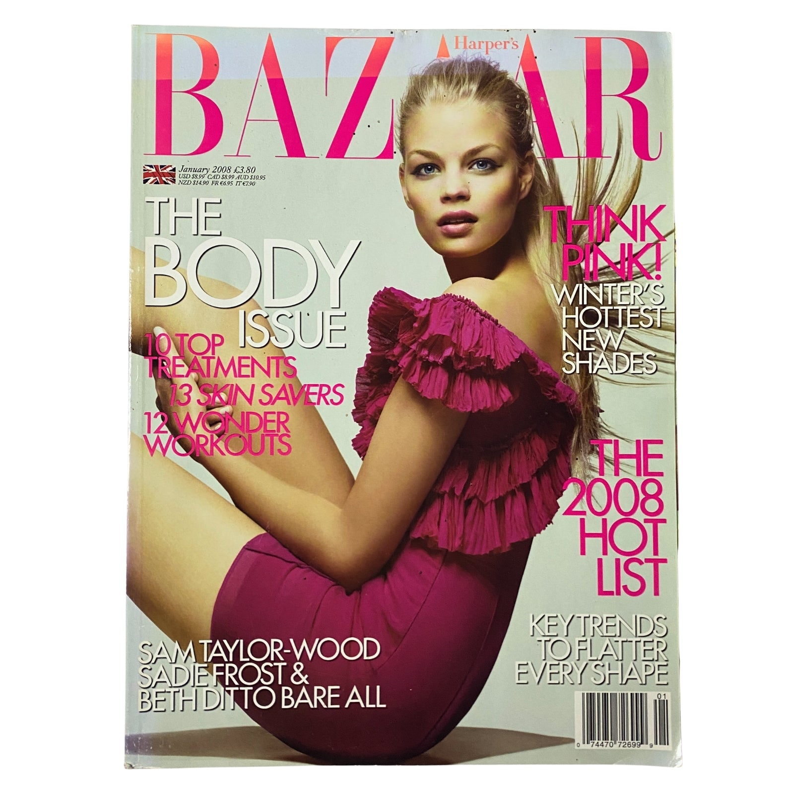 Cover of Harper's Bazaar British Magazine January 2008 featuring model Franziska Frank in a pink ruffled dress, emphasizing body positivity and fashion trends for the new year.