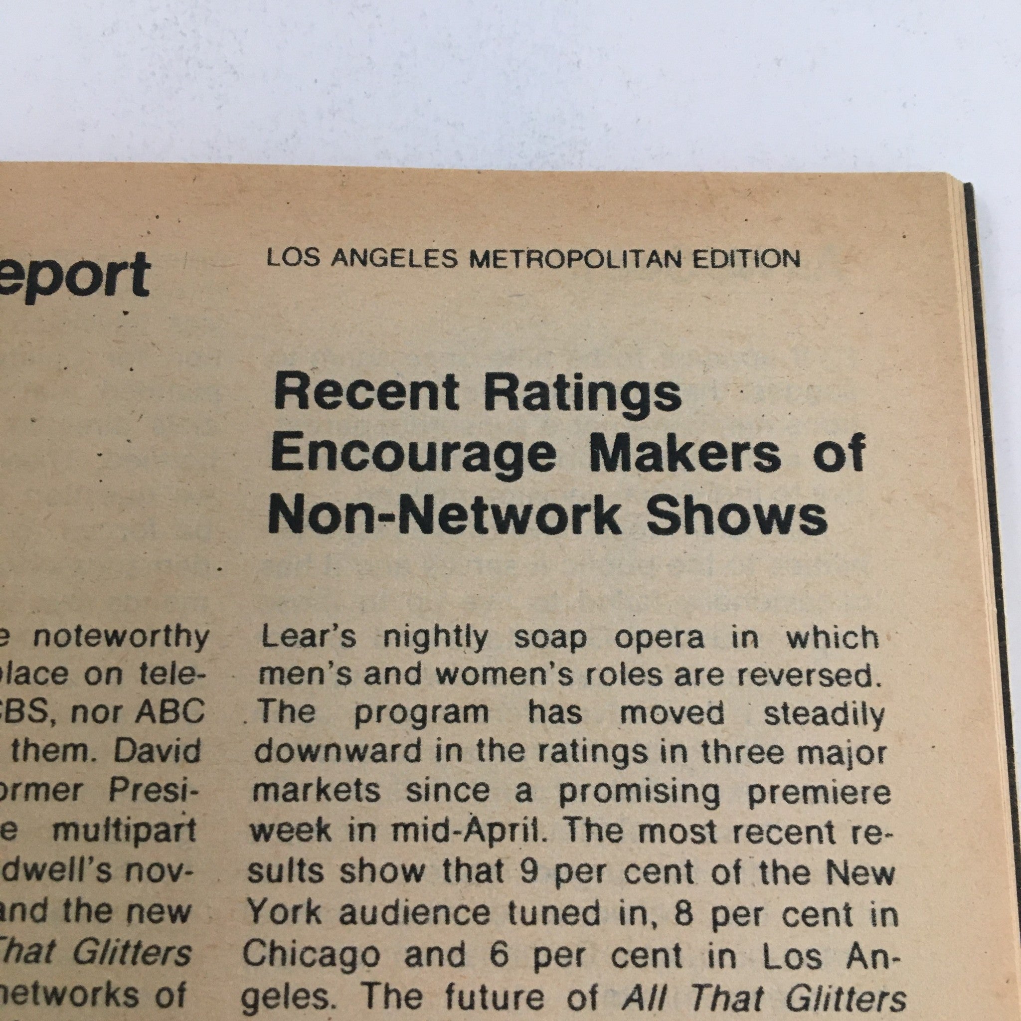 Article excerpt from TV Guide Magazine May 28 1977 discussing recent television ratings and their impact on non-network shows. Part of the Los Angeles Metropolitan Edition focusing on the evolving television landscape.