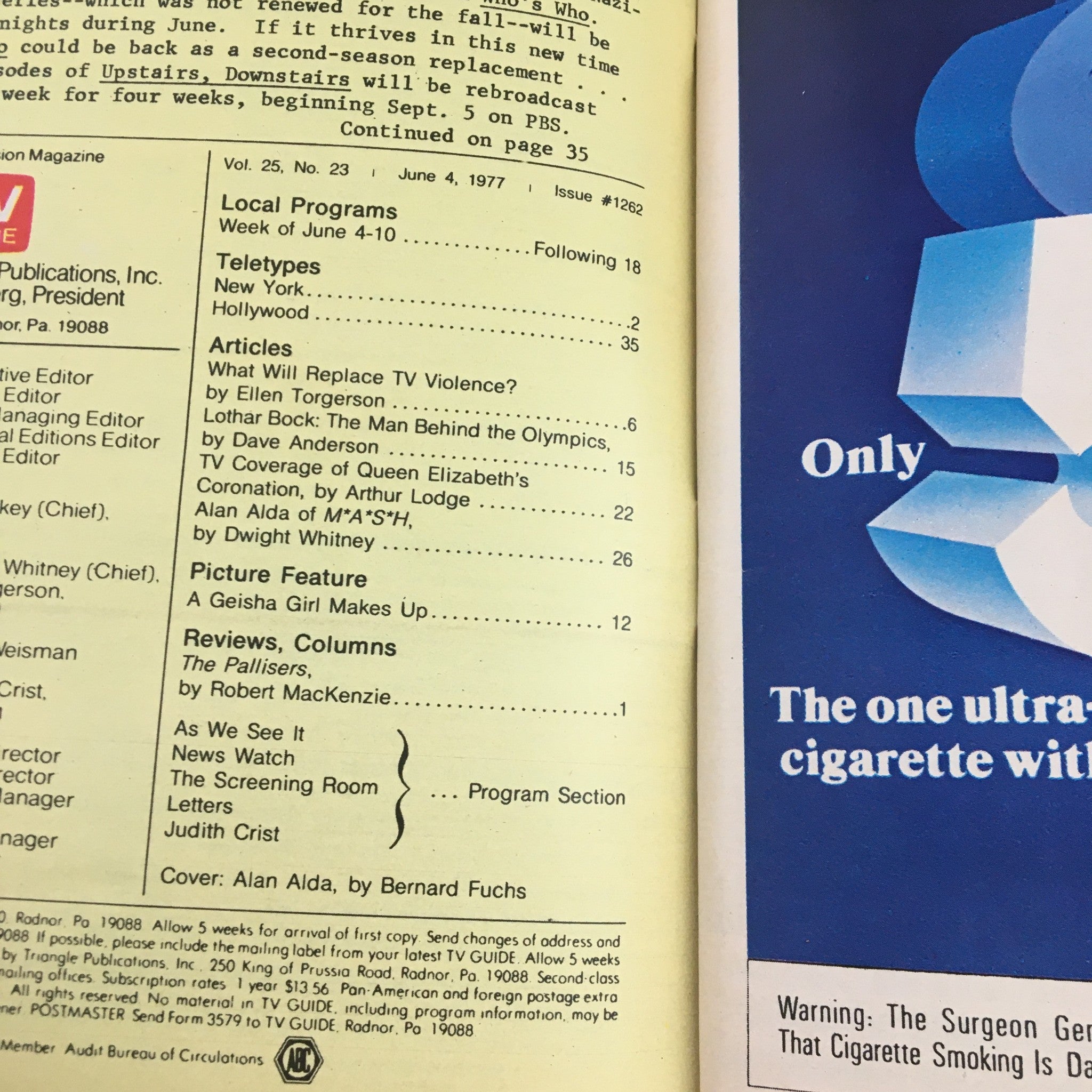 Page from TV Guide Magazine June 4, 1977, displaying an article listing and features, including Alan Alda of 'M.A.S.H.' and highlights of television programming.