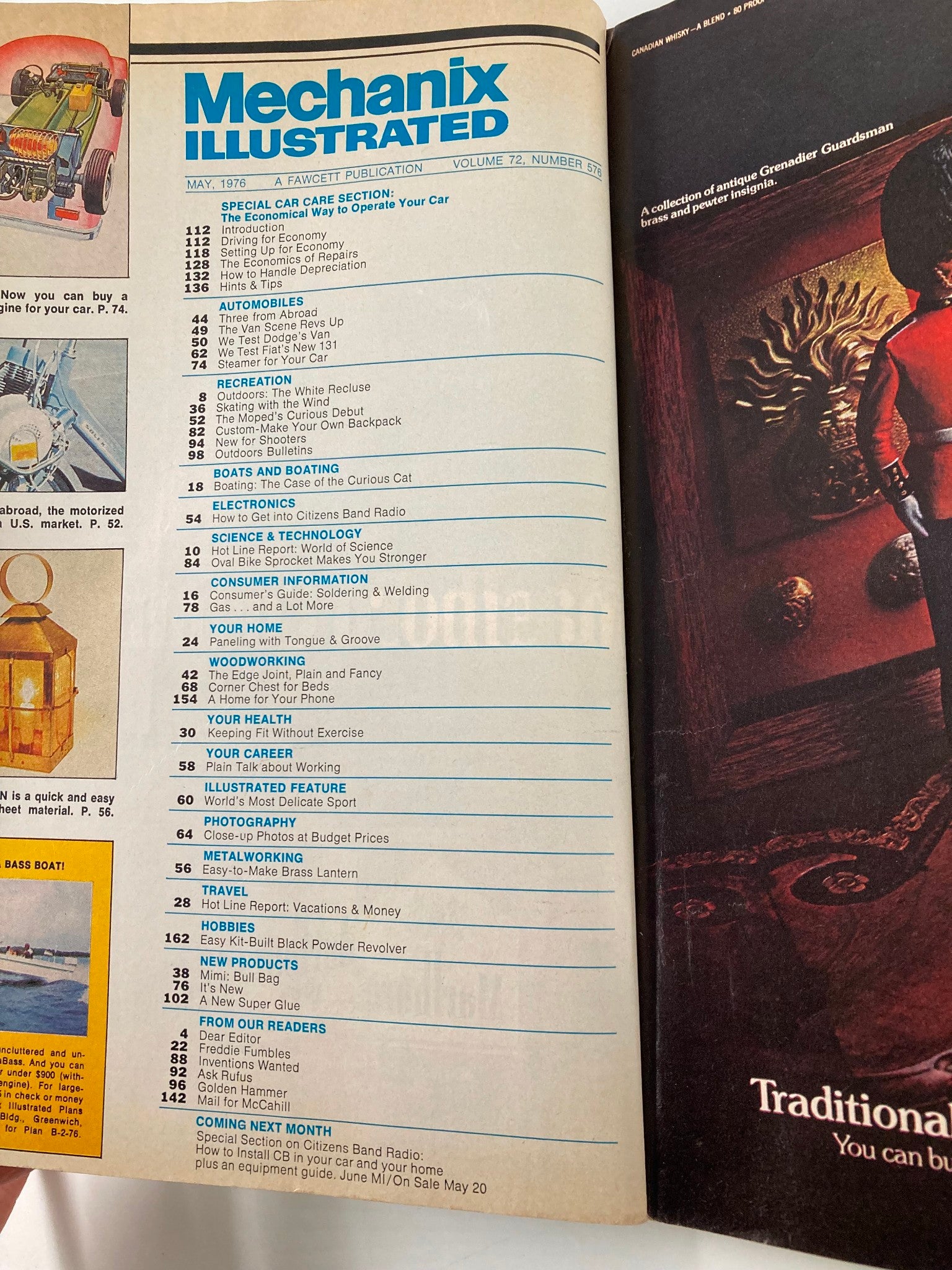 Table of contents page from VTG Mechanix Illustrated Magazine May 1976, showcasing various articles including those on automobiles and innovative technologies.