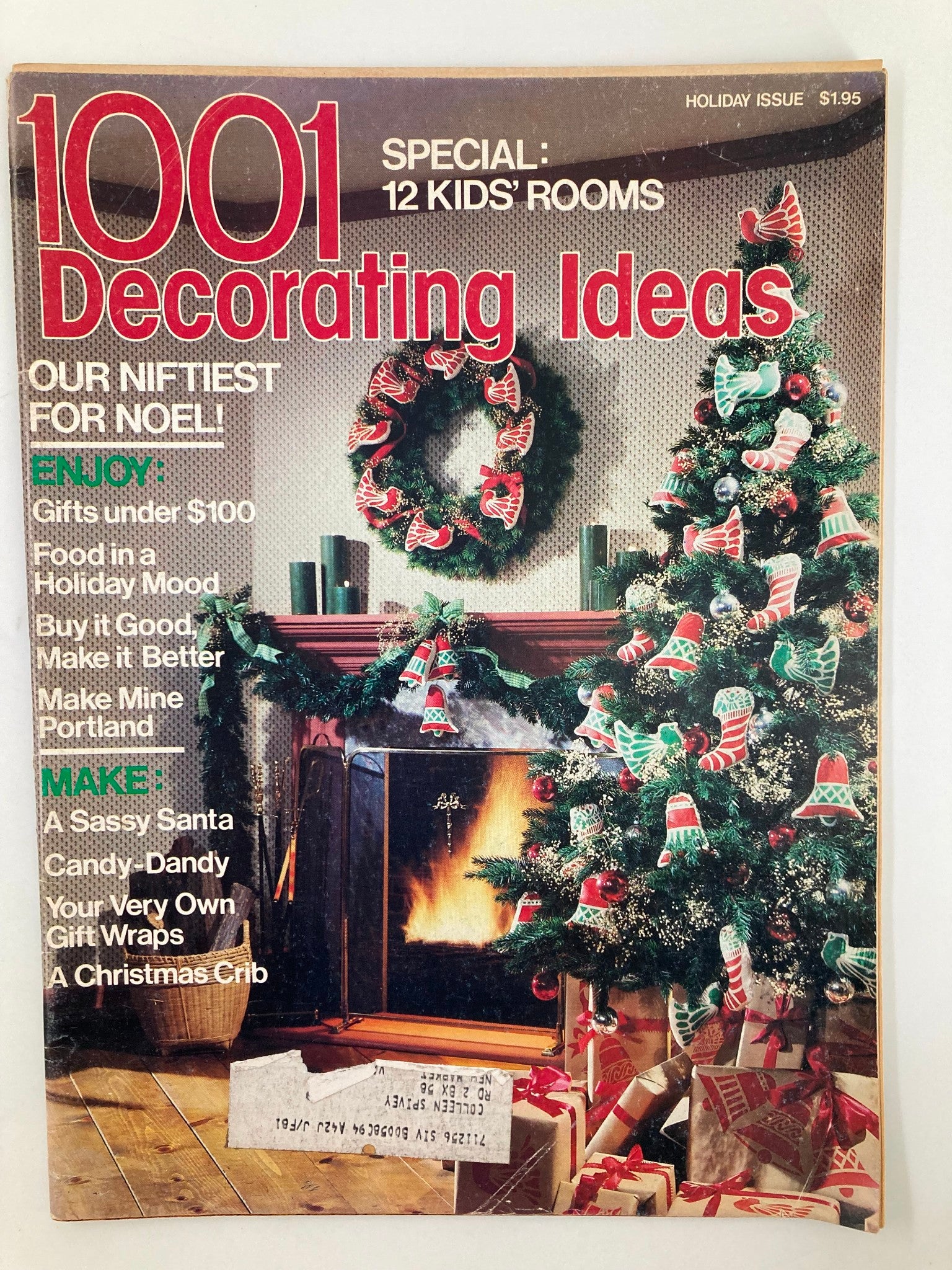 Cover of the VTG 1001 Decorating Ideas Magazine Holiday 1980 featuring A Sassy Santa and Candy-Dandy, displaying a festive scene with a decorated Christmas tree, wreath, and cozy fireplace.