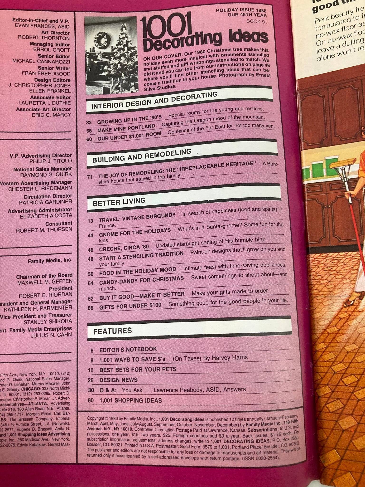 Interior page of VTG 1001 Decorating Ideas Magazine Holiday 1980, showcasing article titles related to holiday decor and design, including 'Growing Up in the 80s' and 'Candy-Dandy for Christmas.'