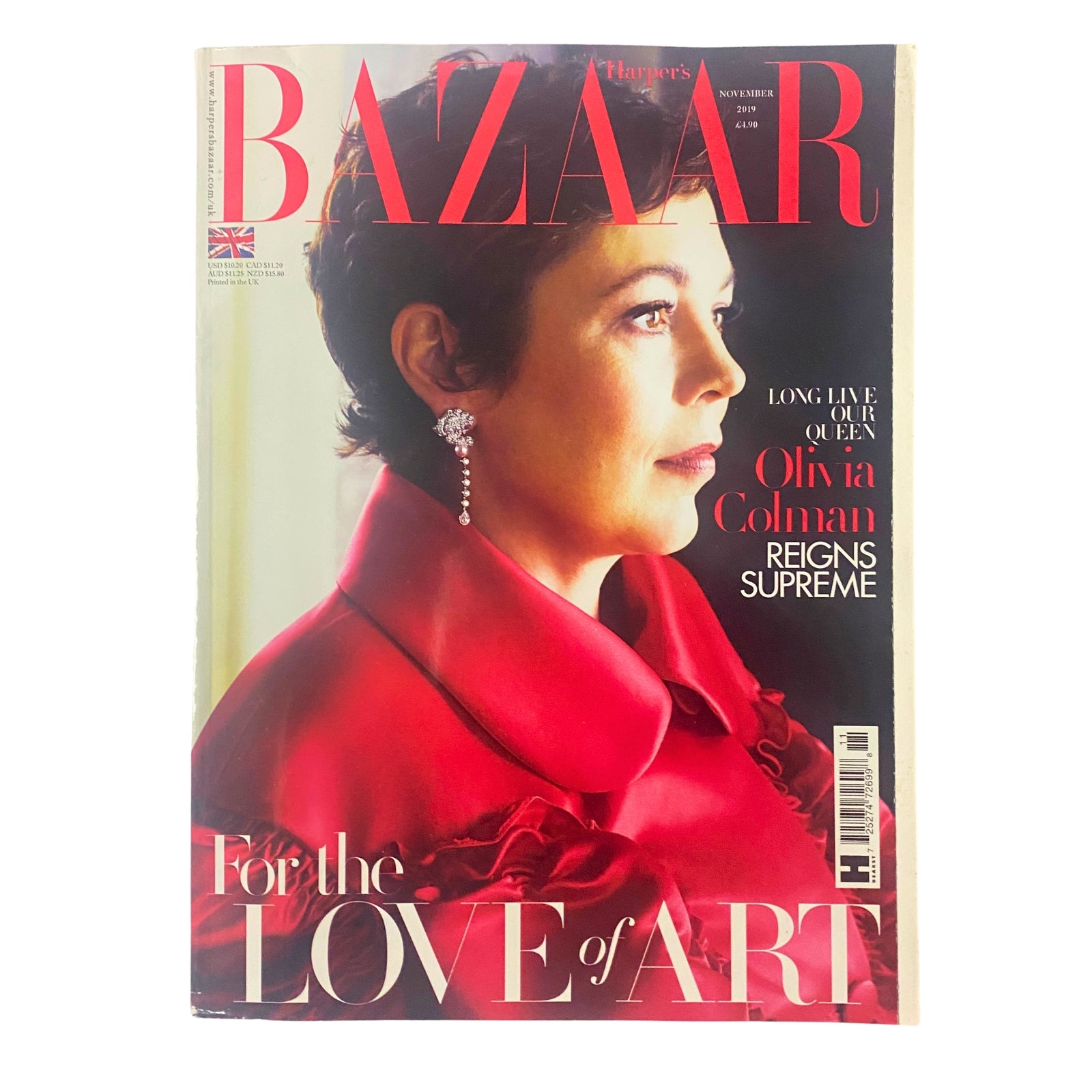 Cover of Harper's Bazaar UK Magazine November 2019 featuring Olivia Colman in a red outfit, captioned 'For the Love of Art'.