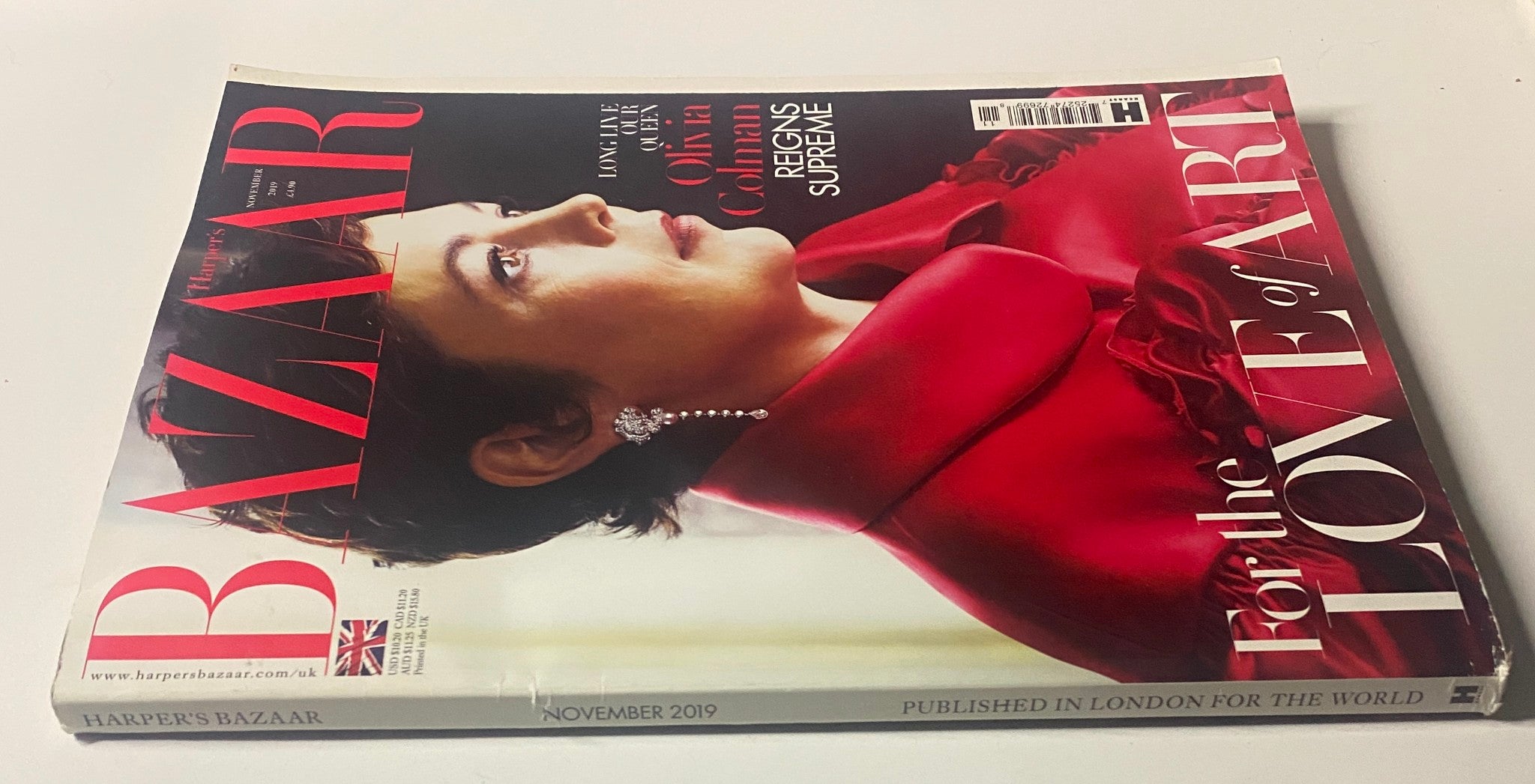 Side view of Harper's Bazaar UK Magazine November 2019 showcasing Olivia Colman on the cover with the caption 'For the Love of Art'.