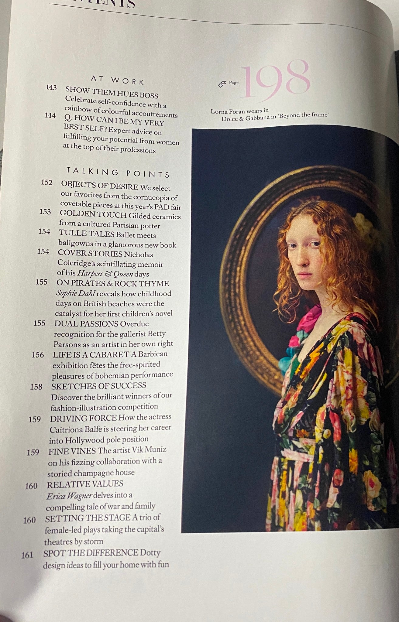 Contents page from Harper's Bazaar UK Magazine November 2019 listing features including 'Show Them Hues Boss' and 'Objects of Desire'.