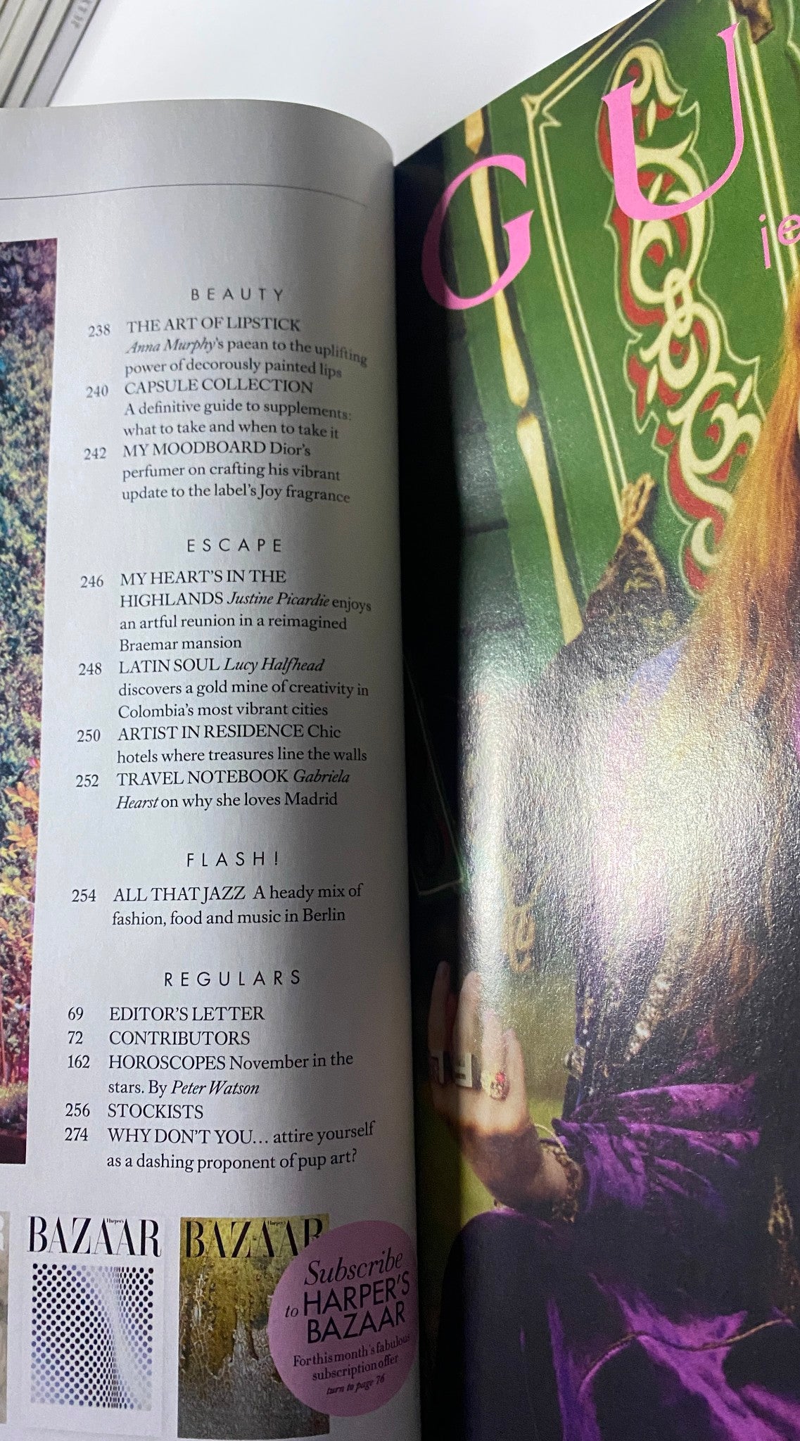 Beauty section page from Harper's Bazaar UK Magazine November 2019, with articles including 'The Art of Lipstick' and 'Cultural Highlights'.
