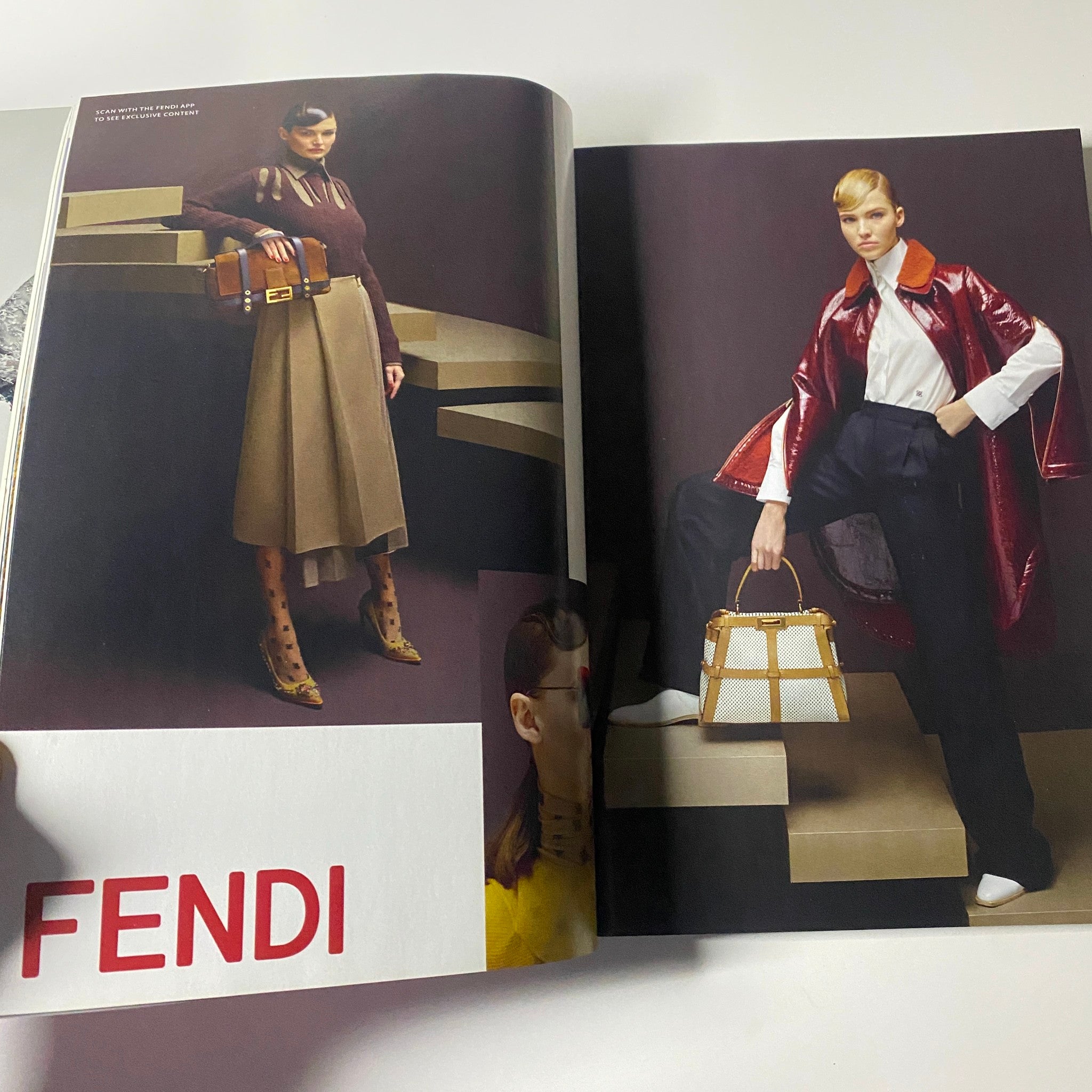 Fendi fashion spread from Harper's Bazaar UK Magazine November 2019 featuring sophisticated women's attire, highlighting unique styling and bold fashion choices.