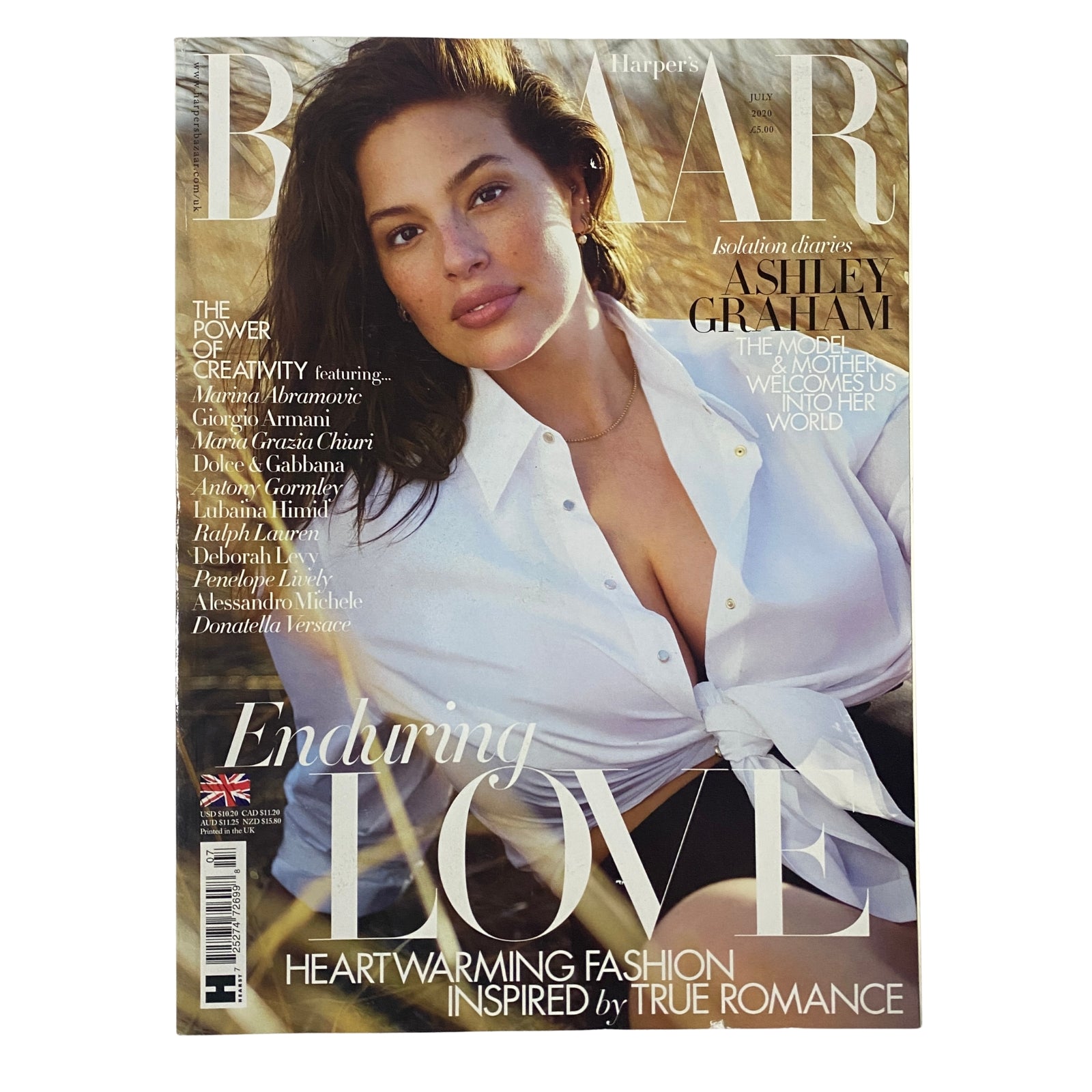 Harper's Bazaar UK Magazine July 2020 featuring Ashley Graham on the cover, highlighting fashion inspired by true romance and showcasing the theme of enduring love.