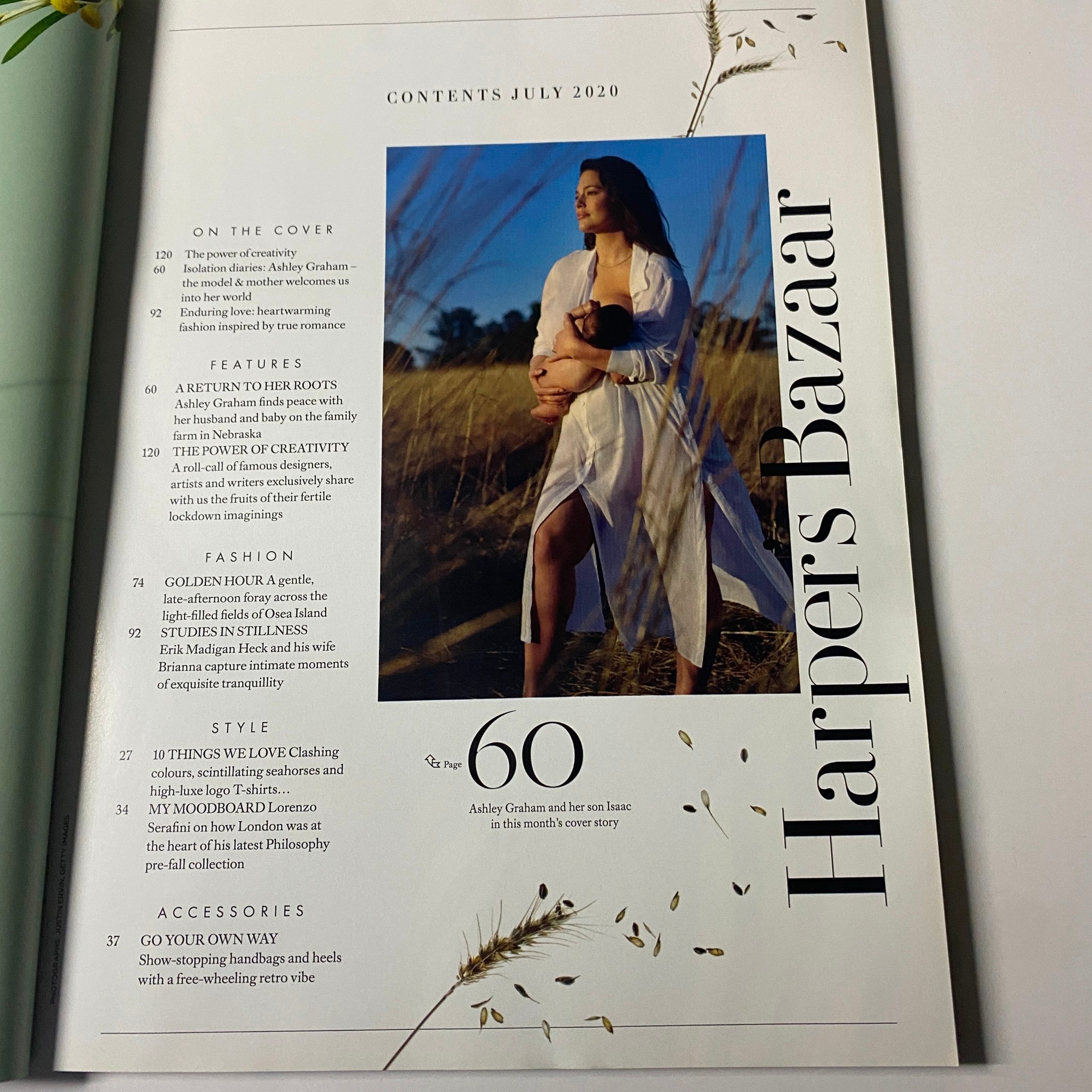 Contents page of Harper's Bazaar UK Magazine July 2020, highlighting Ashley Graham's feature on page 60, alongside key articles and fashion insights.