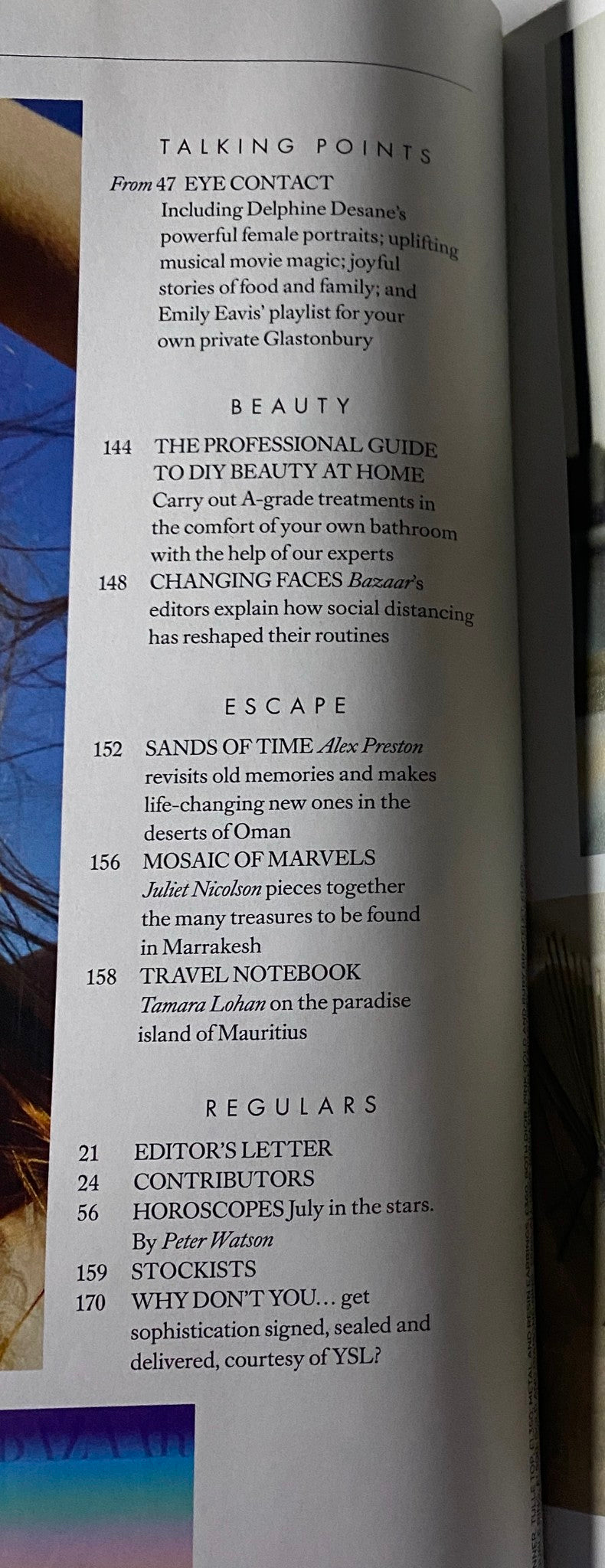 Harper's Bazaar UK Magazine July 2020 featuring a beauty section on powerful female portraits and uplifting musical themes, showcasing stunning visuals and editorial design.