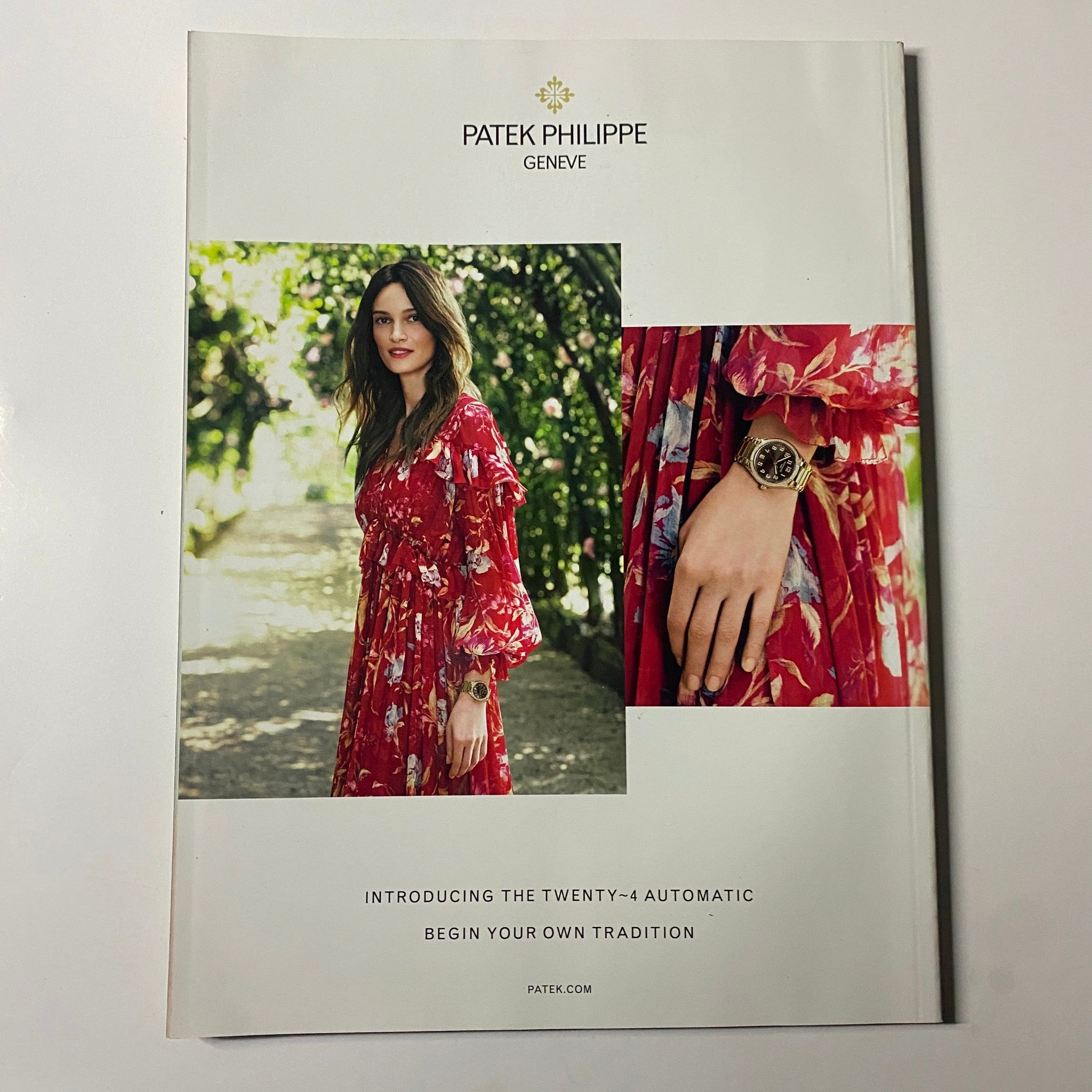 Harper's Bazaar UK Magazine July 2020 featuring a Patek Philippe advertisement introducing the Twenty~4 Automatic watch with a model wearing a floral dress.