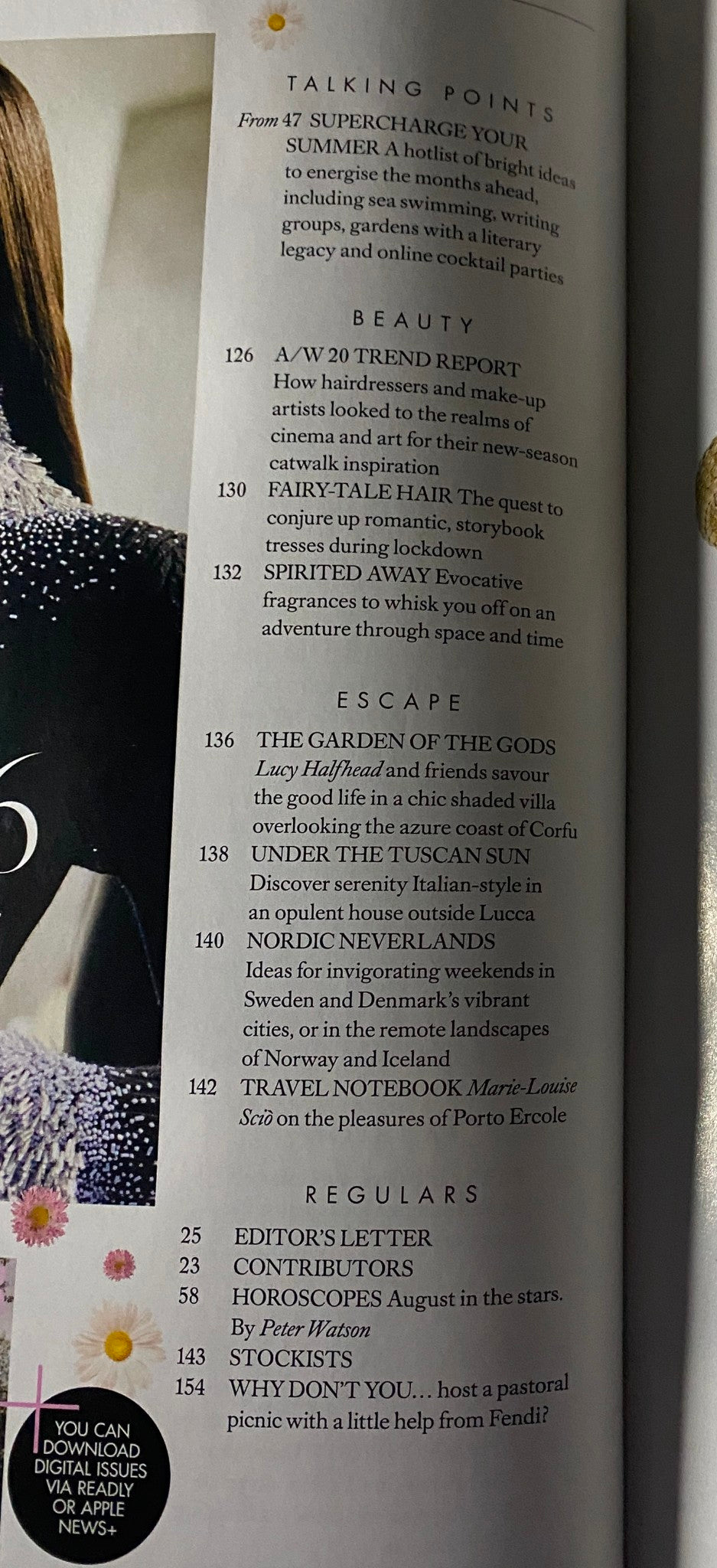 Inside page of Harper's Bazaar UK Magazine August 2020 showing talking points and sections including beauty, fashion, and wellness.