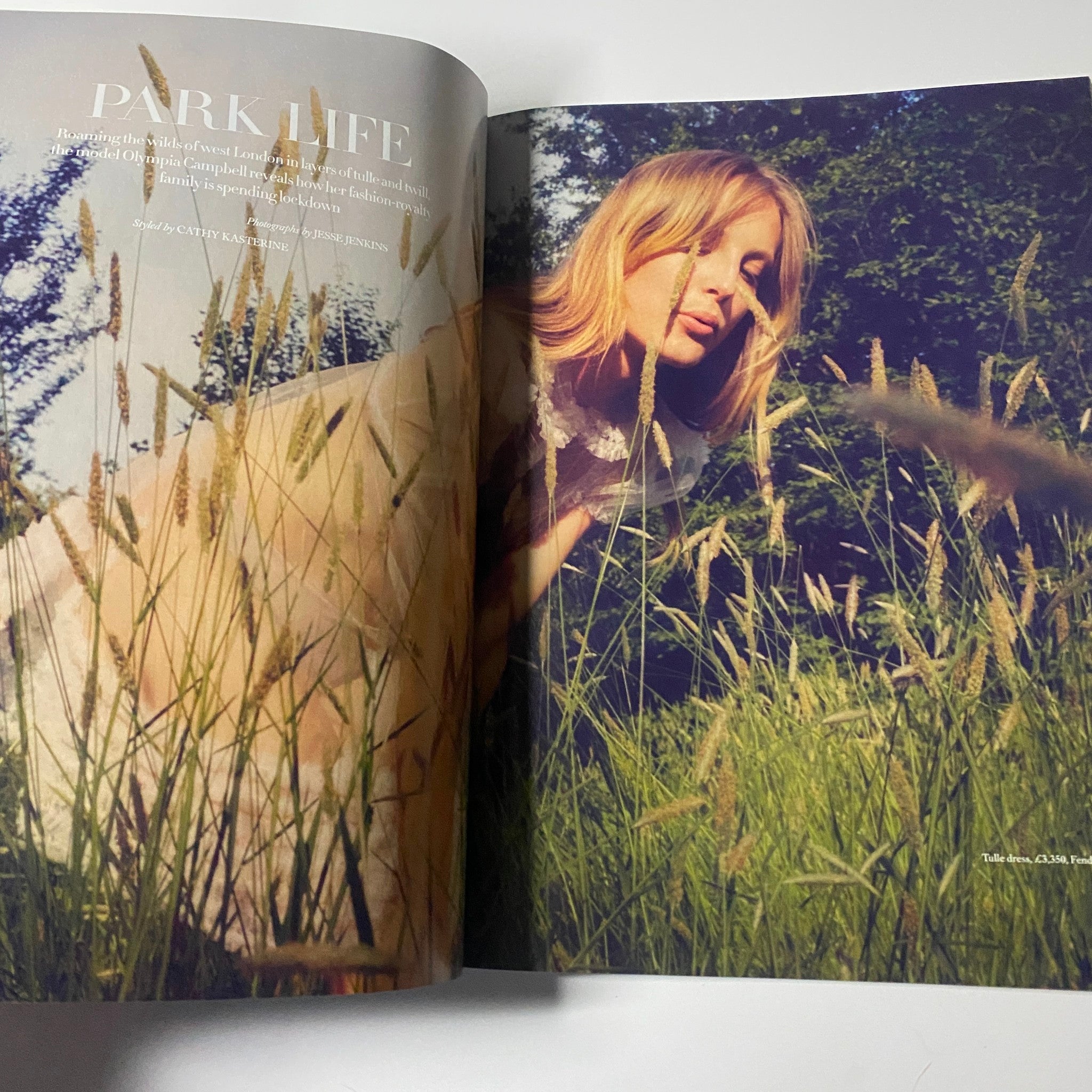Harper's Bazaar UK Magazine August 2020 featuring Olympia Campbell in the 'Park Life' editorial, showcasing effortless summer fashion amid lush greenery.