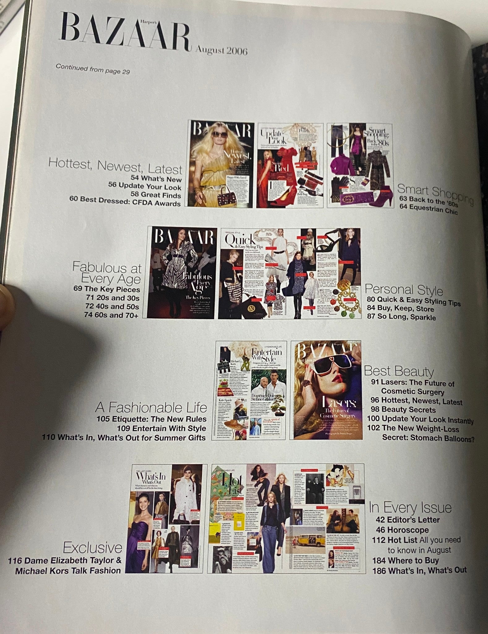 Page showcasing various content highlights from Harper's Bazaar Magazine August 2006 featuring fashion, style, and beauty sections.