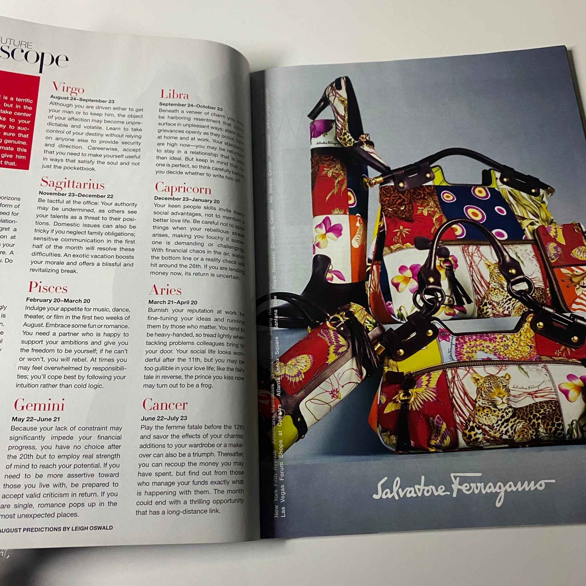 Horoscope section in Harper's Bazaar Magazine August 2006, accompanied by Salvatore Ferragamo handbag advertisement, displaying colorful designs.