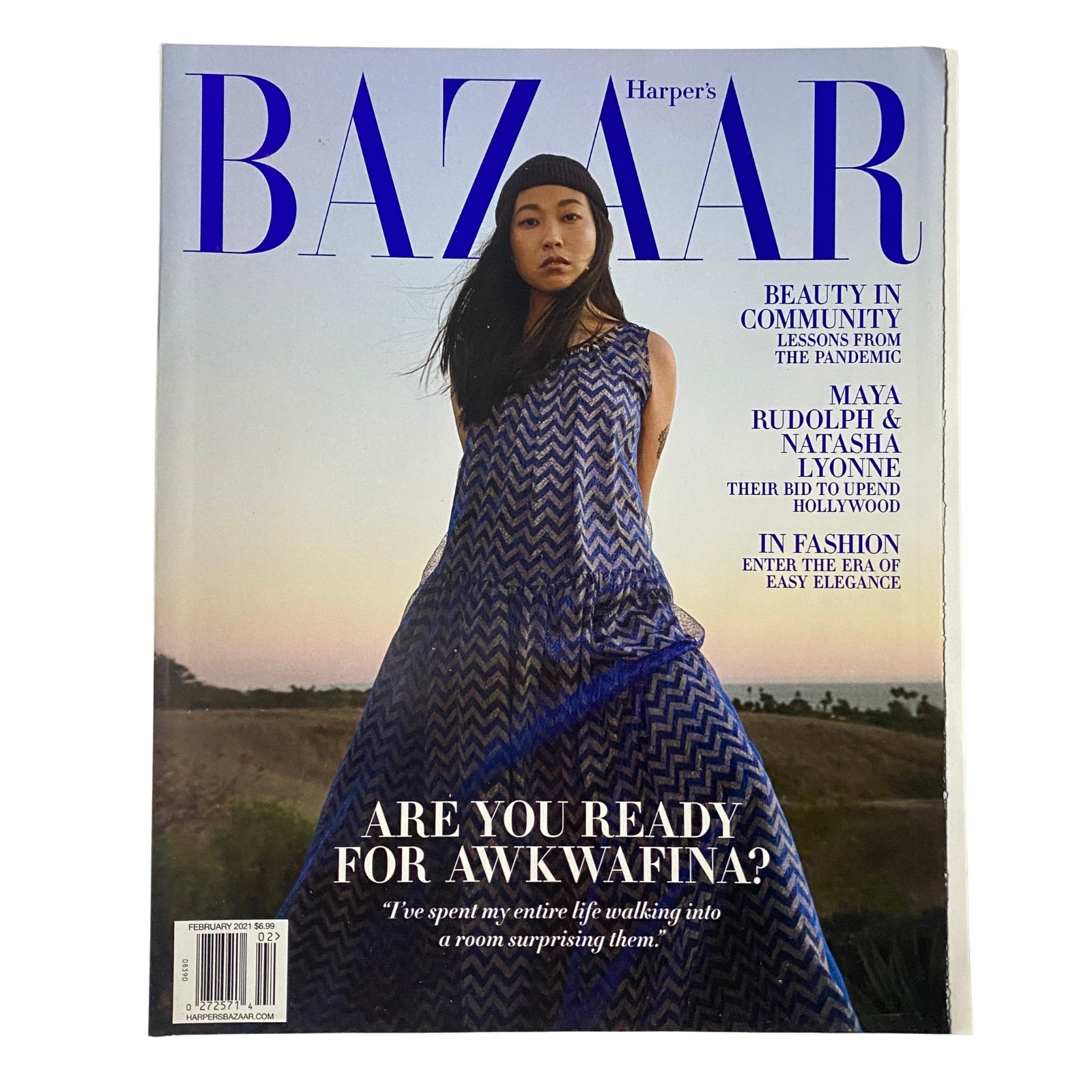 Harper's Bazaar Magazine February 2021 featuring Awkwafina on the cover. The cover showcases a stunning portrait of Awkwafina wearing a stylish dress, highlighting key articles such as 'Maya Rudolph & Natasha Lyonne in Conversation' and 'Beauty in Community'. A must-have for collectors and fans of contemporary fashion.