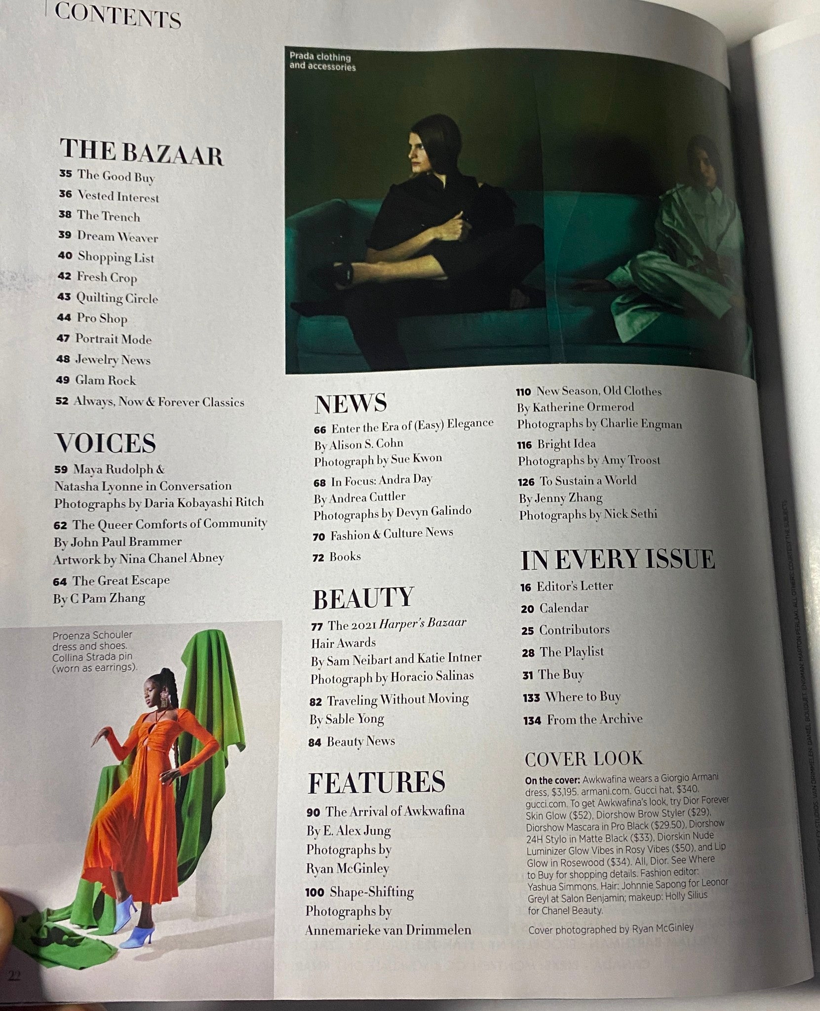 Contents page from Harper's Bazaar Magazine February 2021, outlining articles and features including Awkwafina's profile, fashion insights, and editorial highlights.
