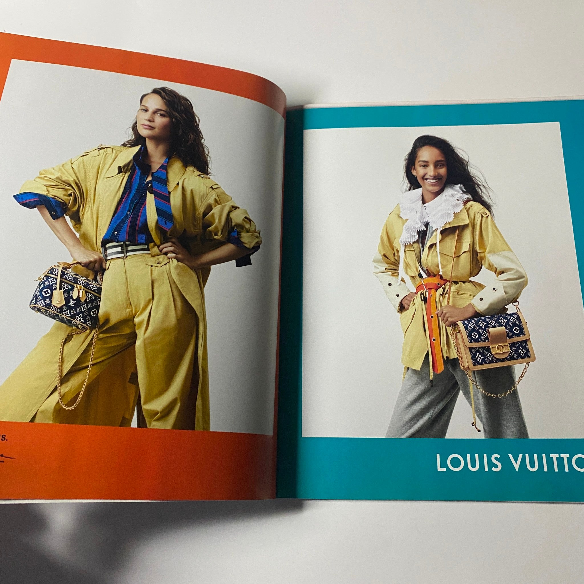 Fashion spread from Harper's Bazaar Magazine February 2021 featuring a model in stylish Louis Vuitton outfit along with a chic handbag, showcasing the latest trends.