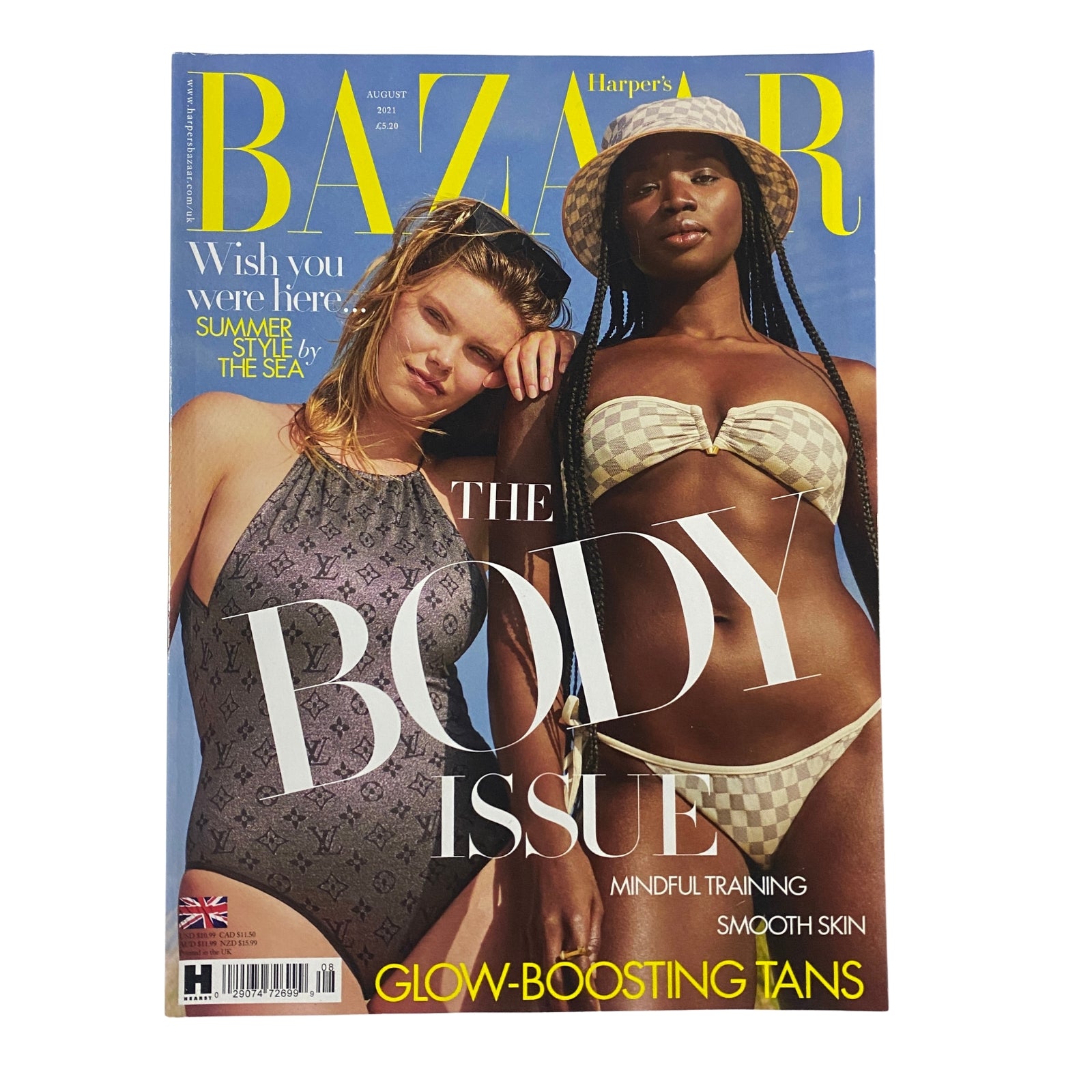 Harper's Bazaar UK Magazine August 2021 Cover featuring models Molly Constable and Seynabou Cissé with the headline 'The Body Issue' highlighting summer style by the sea.
