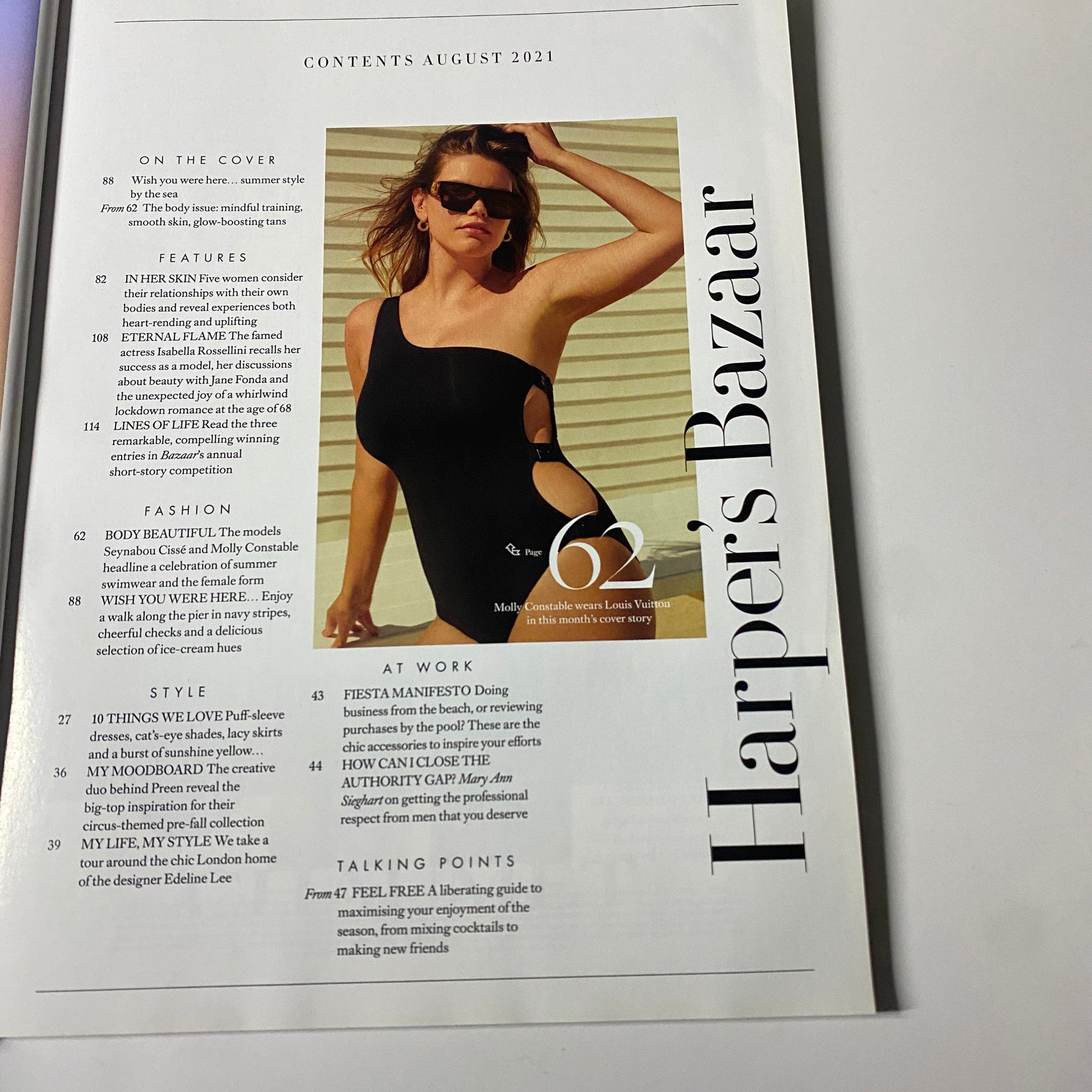 Inside page of Harper's Bazaar UK Magazine August 2021 displaying the contents section, featuring the article 'Body Beautiful' with model Molly Constable.