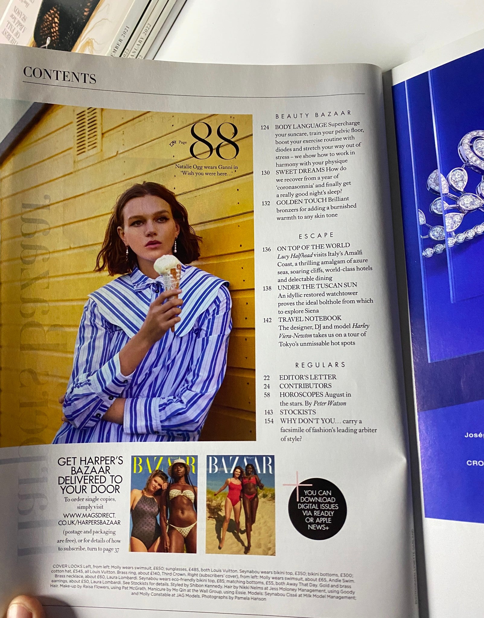 Inside contents page of Harper's Bazaar UK Magazine August 2021 showing articles including 'Wish You Were Here...' and other features.