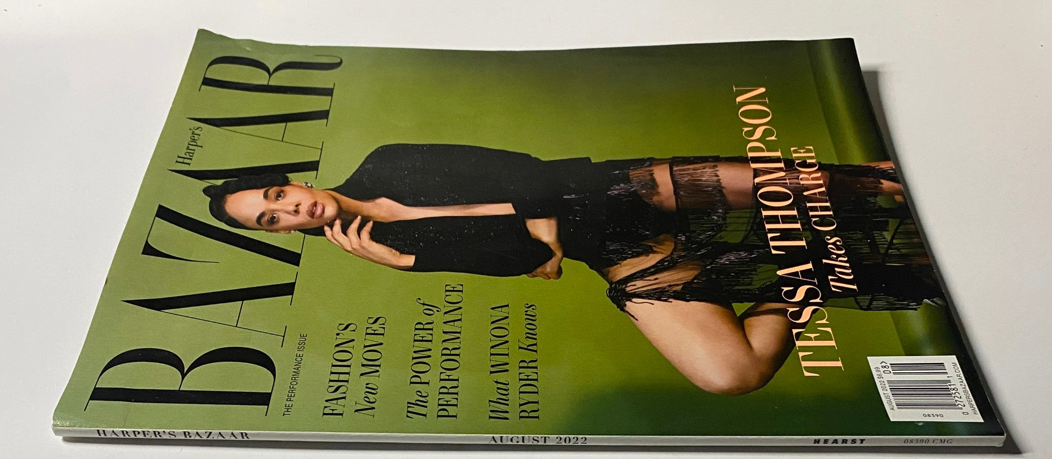 Another angle of the Harper's Bazaar Magazine August 2022 cover with Tessa Thompson, highlighting her pose and the magazine's title.