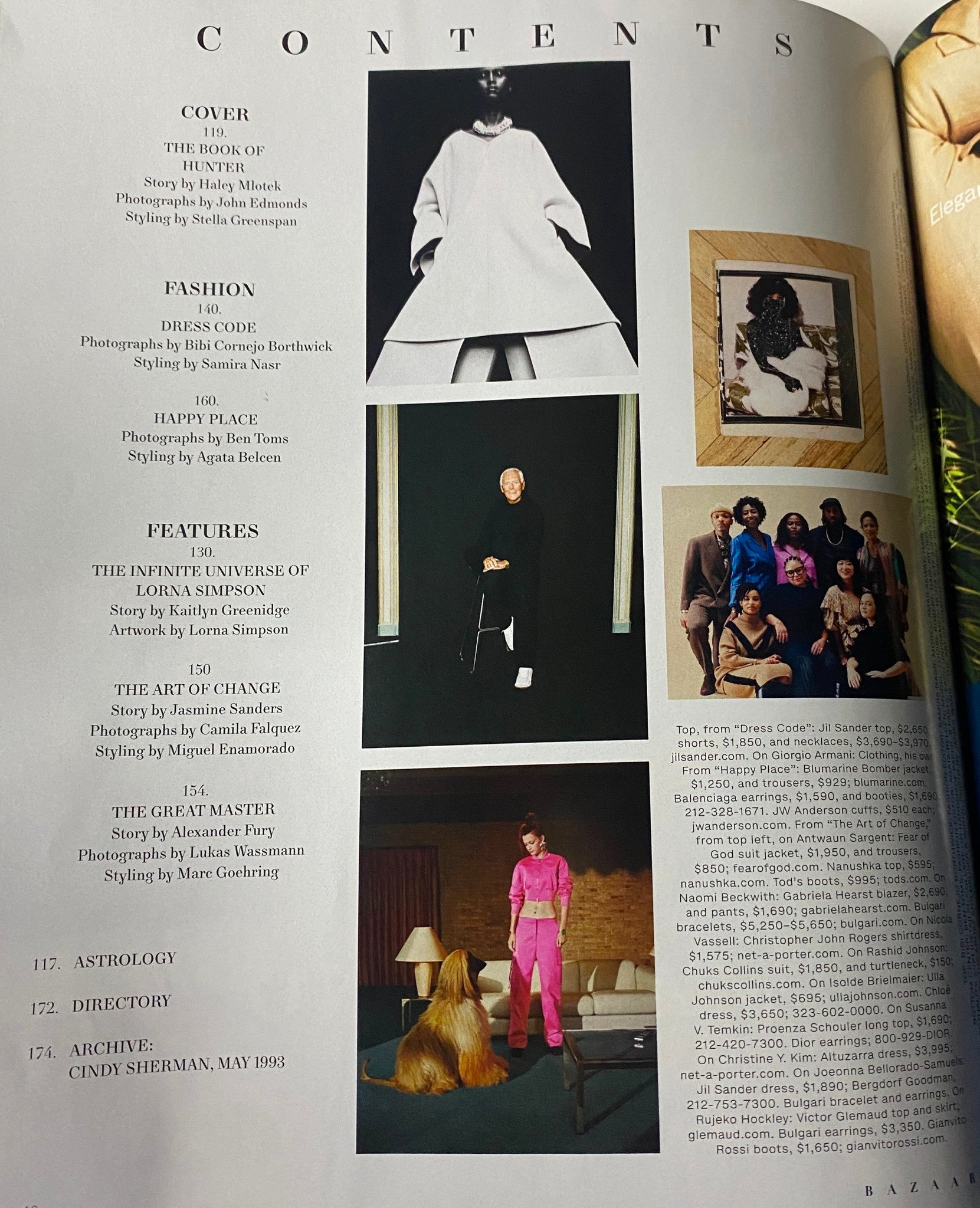 Table of contents page from Harper's Bazaar Magazine December 2021, outlining featured articles including Hunter Schafer's feature story and other fashion highlights.