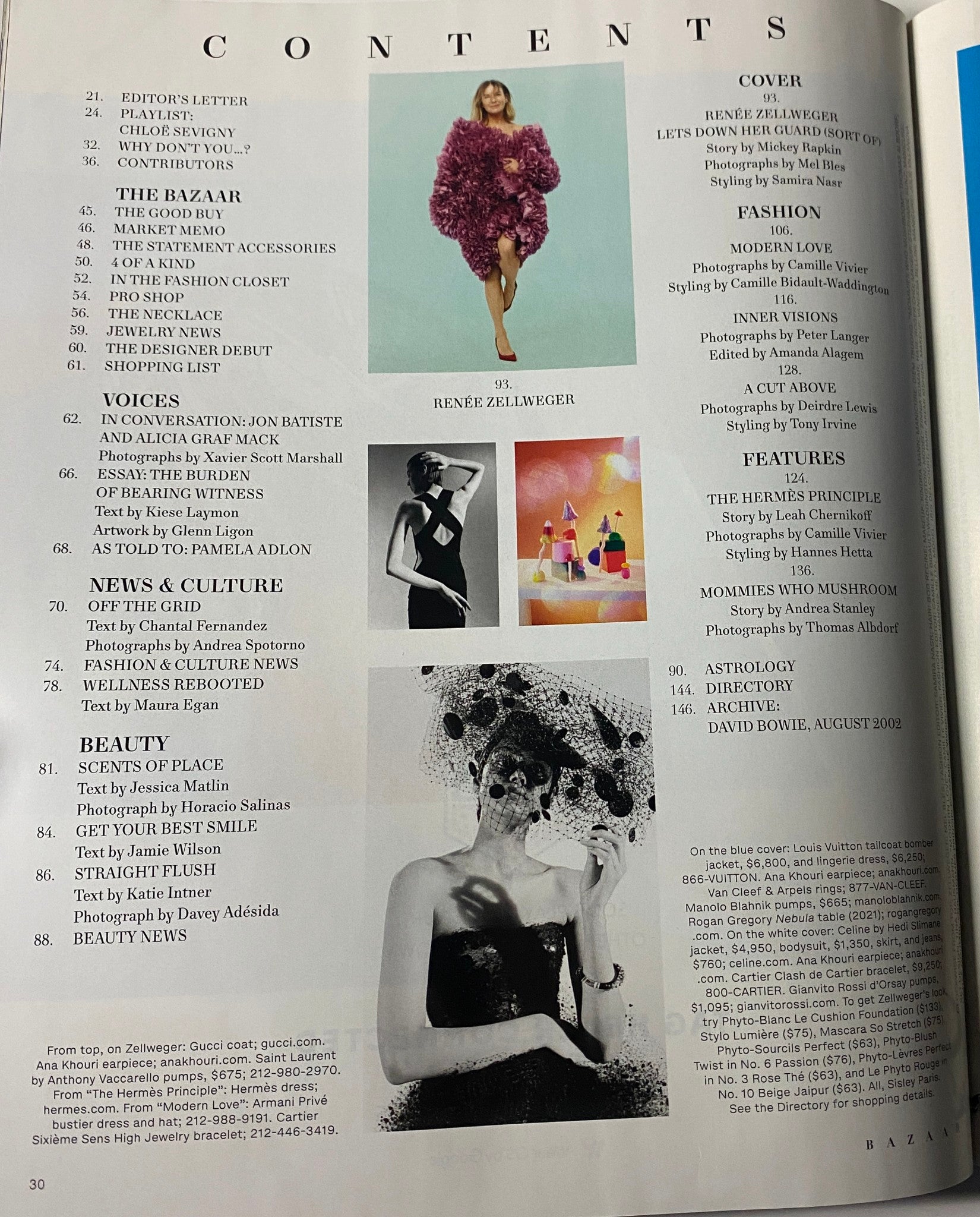 Table of contents page from Harper's Bazaar Magazine April 2022, outlining feature articles including Renée Zellweger's cover story and various fashion, beauty, and cultural contributions.