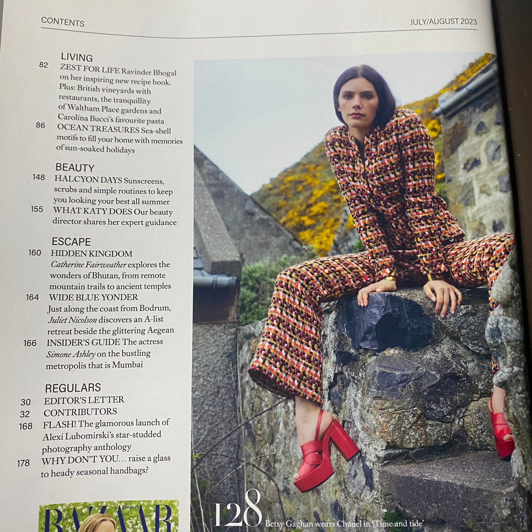 Harper's Bazaar UK Magazine July August 2023 Contents showcasing 'Zest for Life' and 'Halcyon Days' articles, emphasizing summer skincare and travel tips.
