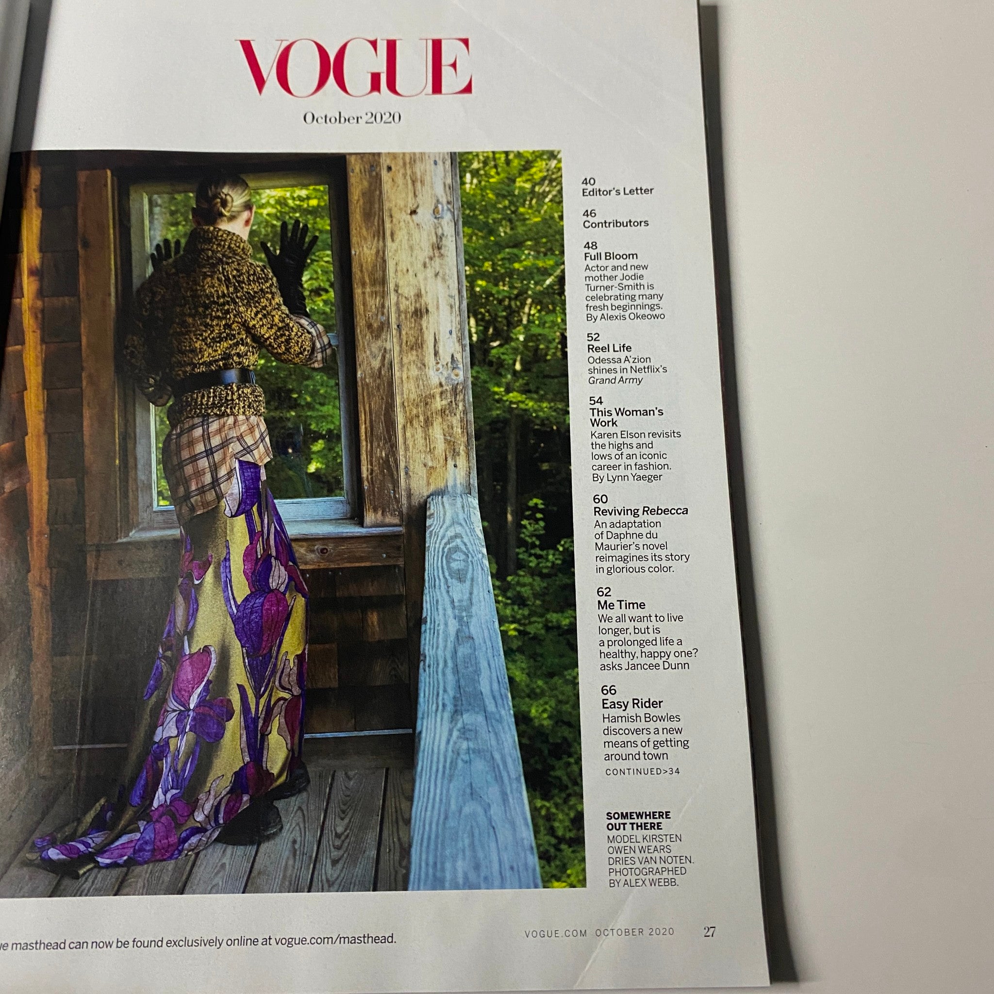 Table of contents from the October 2020 issue of Vogue Magazine, showcasing articles and features including Lizzo's profile.