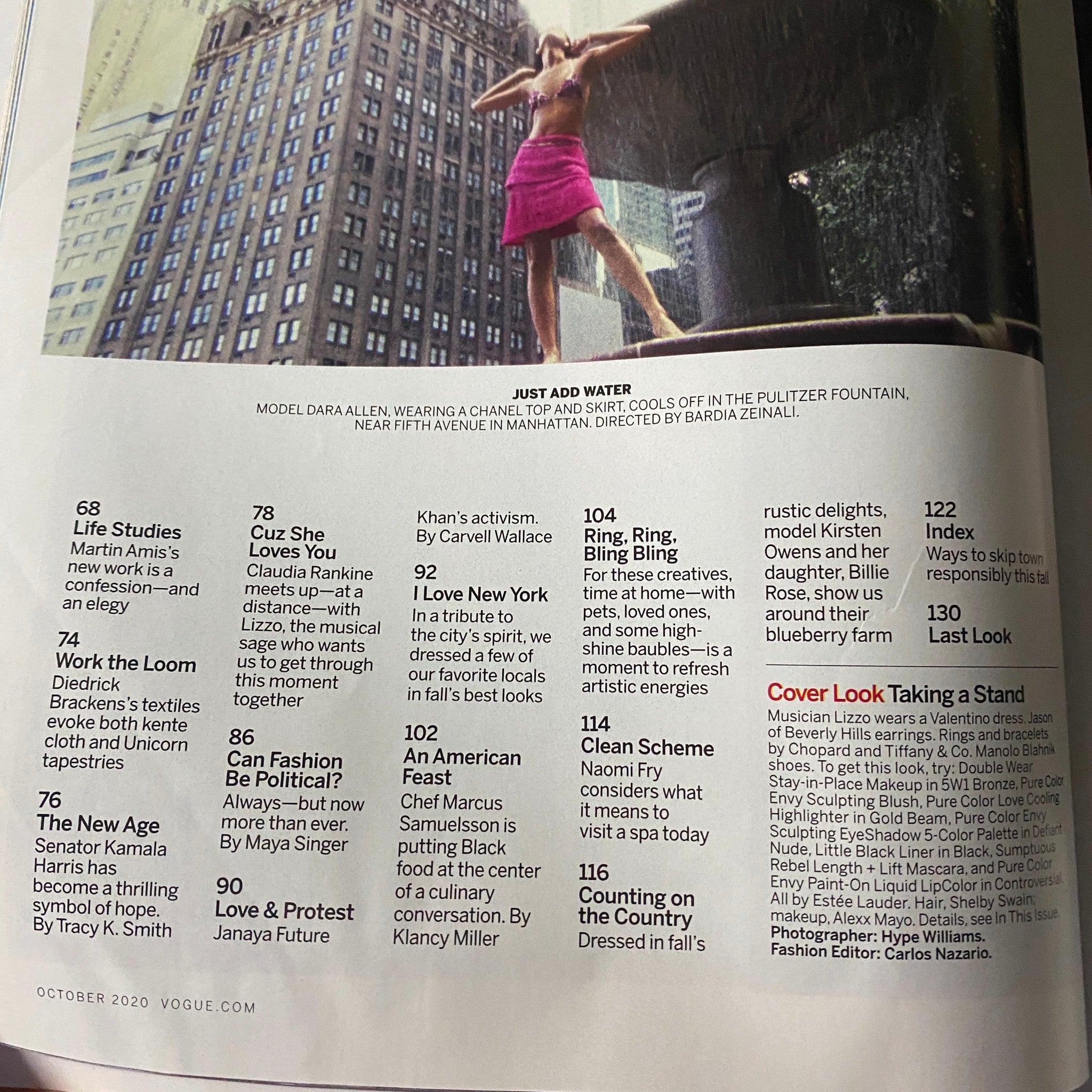 Interior page of the October 2020 Vogue featuring fashion and social commentary, highlighting topics relevant to the issue.