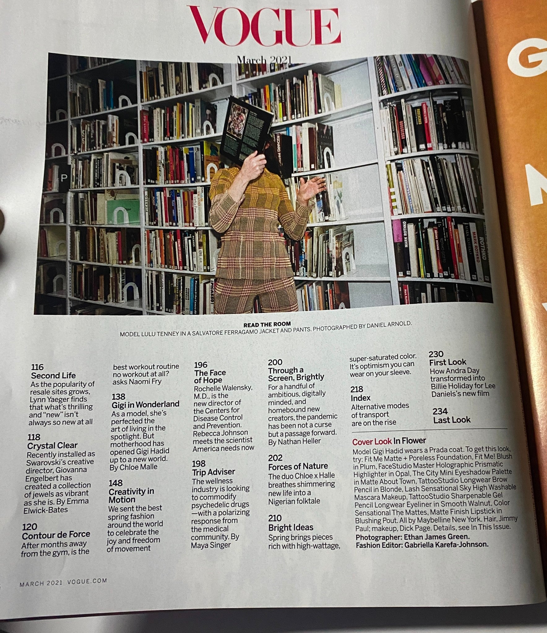 Table of contents from Vogue Magazine March 2021, featuring various articles and features including 'Gigi in Wonderland' and fashion highlights.