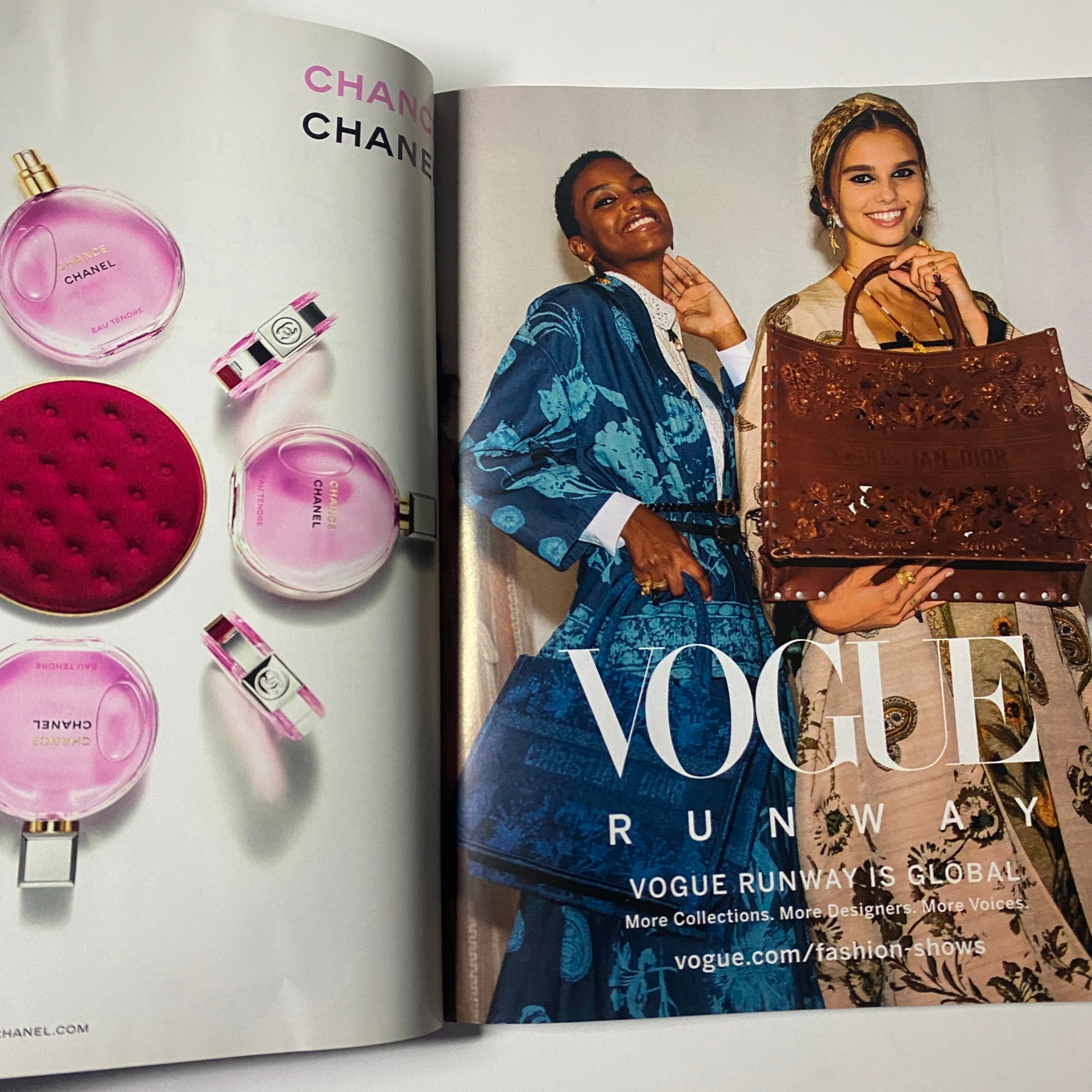 Vogue Magazine March 2021 Gigi Hadid Cover showcasing Chanel perfumes and a fashion editorial highlighting designer looks from Vogue Runway.