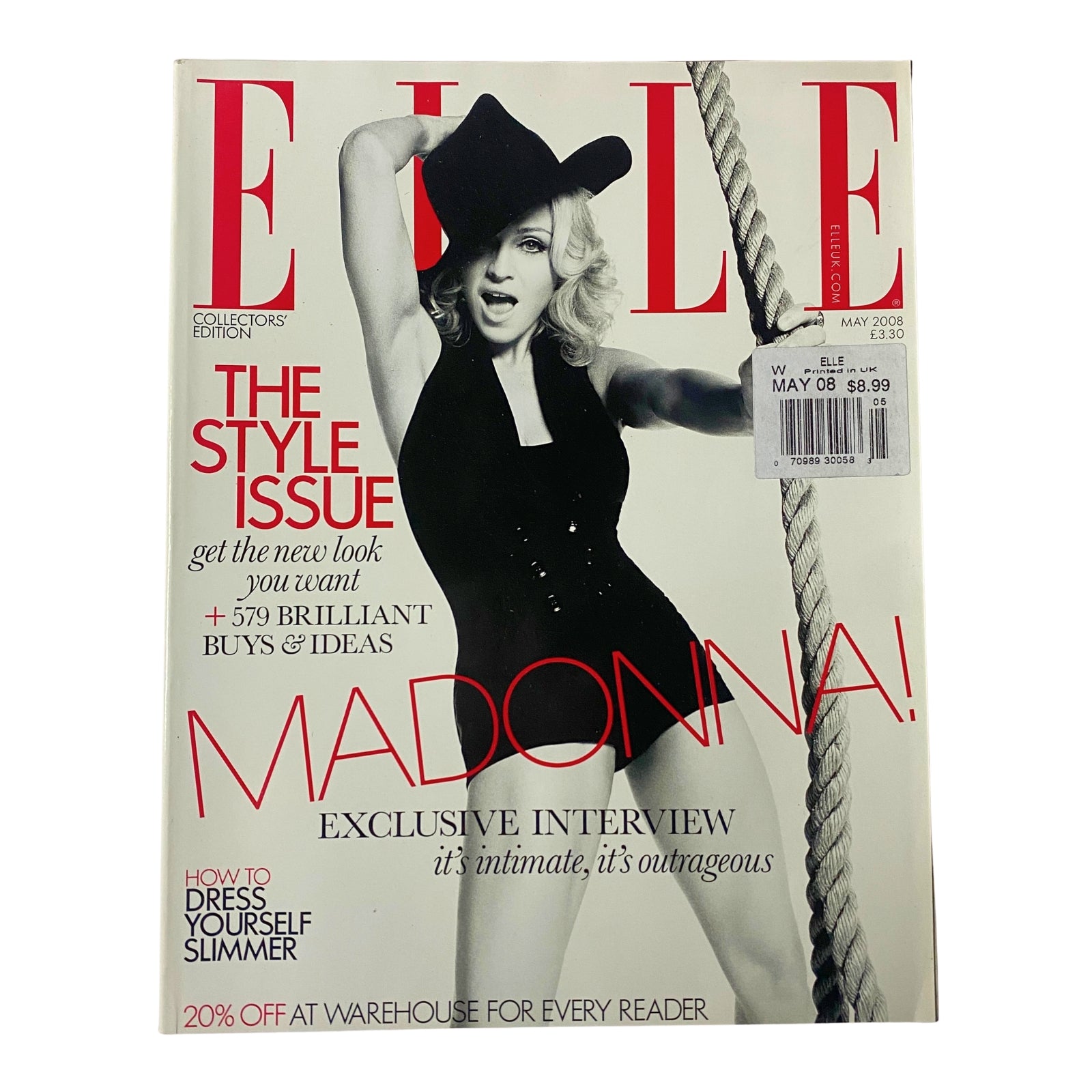 Elle UK Magazine May 2008 featuring Madonna on the cover, depicted in a stylish pose as part of the Style Issue. The magazine highlights fashion, beauty, and lifestyle topics.