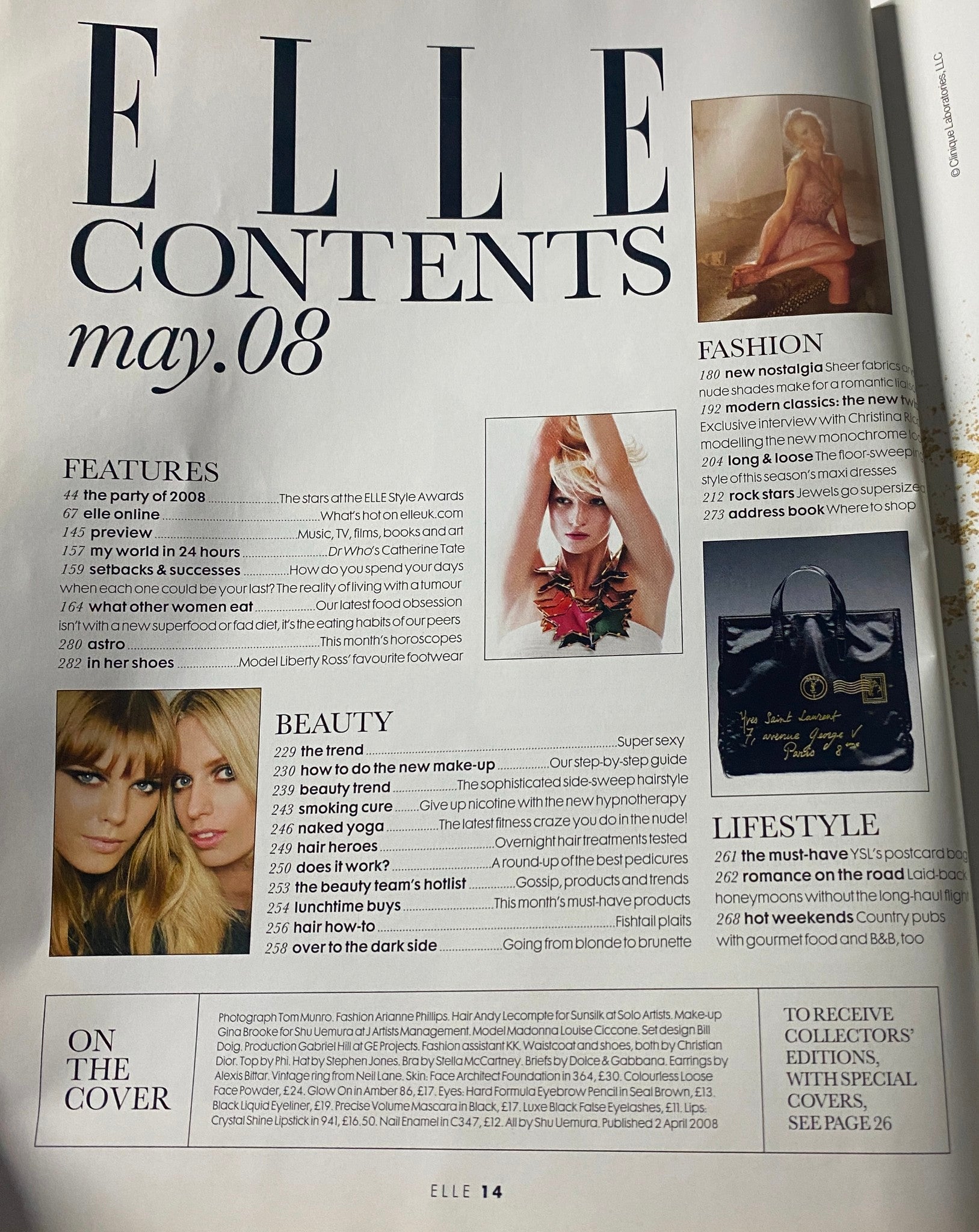 Contents page of Elle UK Magazine May 2008 detailing features such as beauty, fashion, and lifestyle articles, alongside a stylish layout.