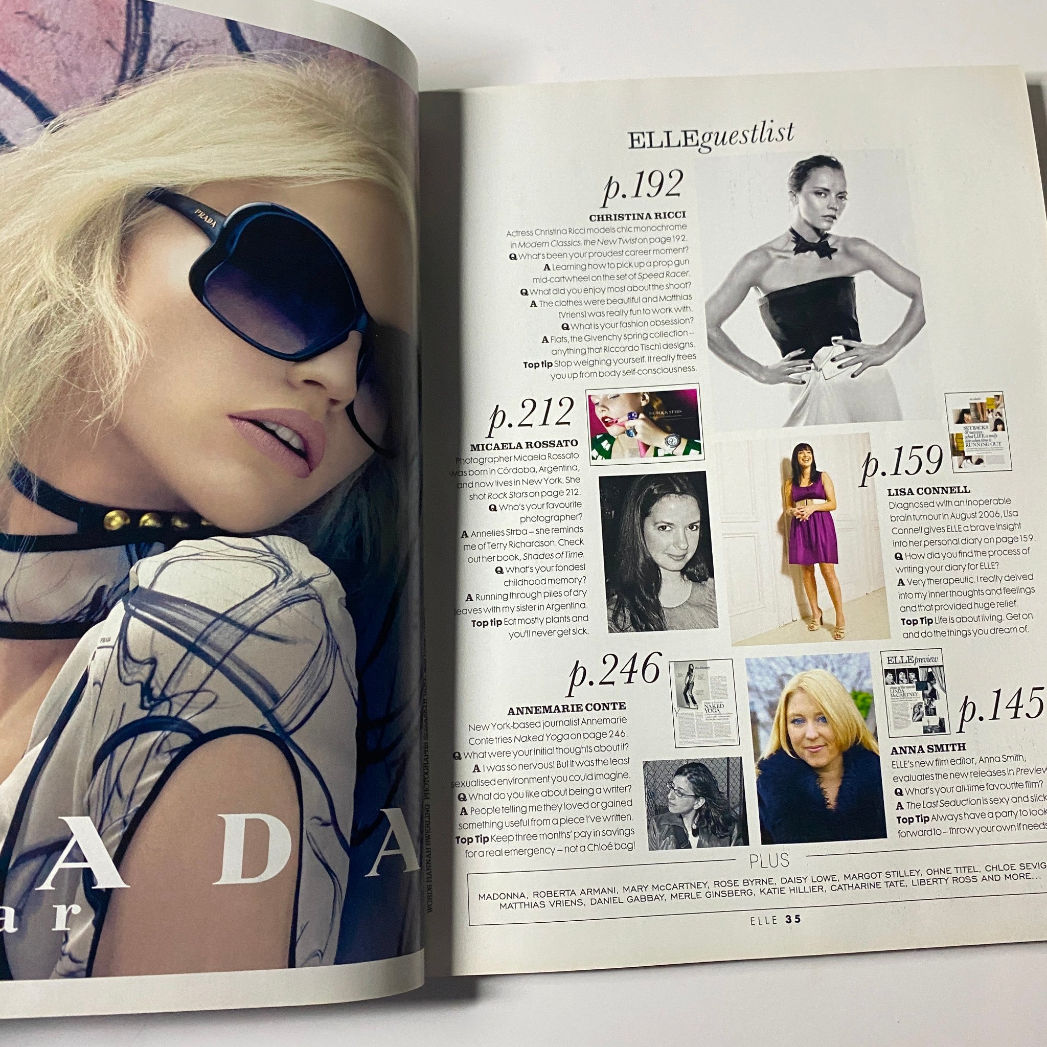 Elle guest list page from Elle UK Magazine May 2008, featuring profiles and stylish images of notable women in fashion.