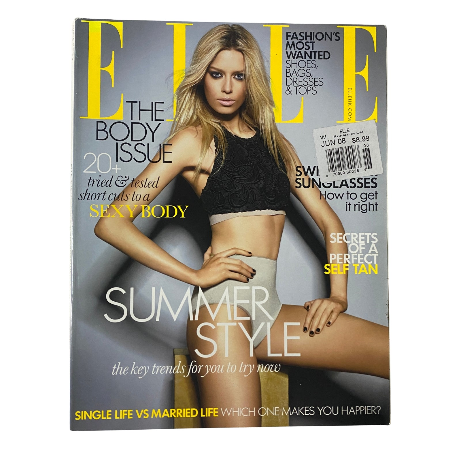 Elle UK Magazine June 2008 cover featuring a model in black lingerie promoting summer style, labeled as 'The Body Issue'. This issue highlights summer fashion trends.