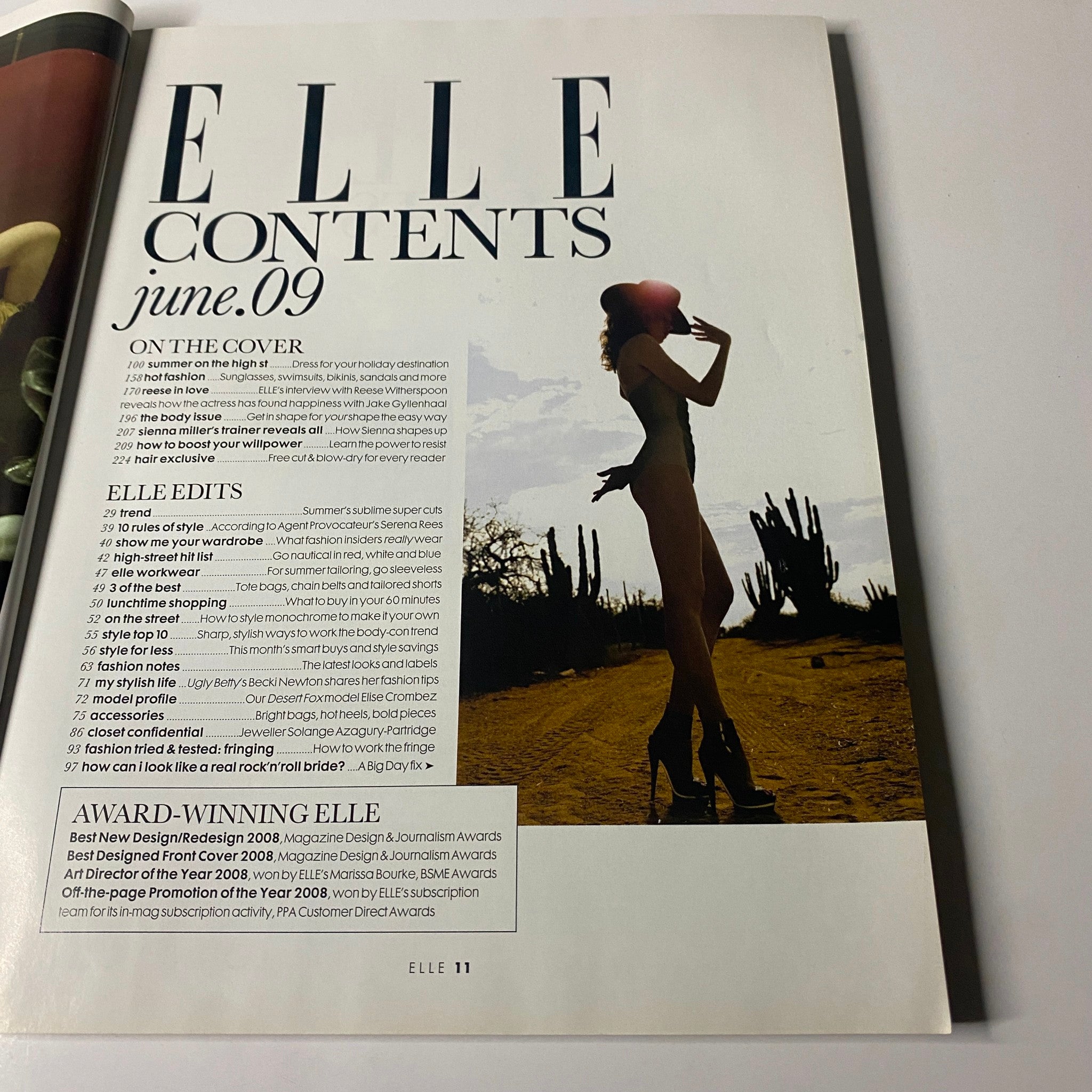 Inside page of Elle UK Magazine June 2009 displaying the table of contents with a silhouette image, summarizing key features including summer fashion and beauty tips.
