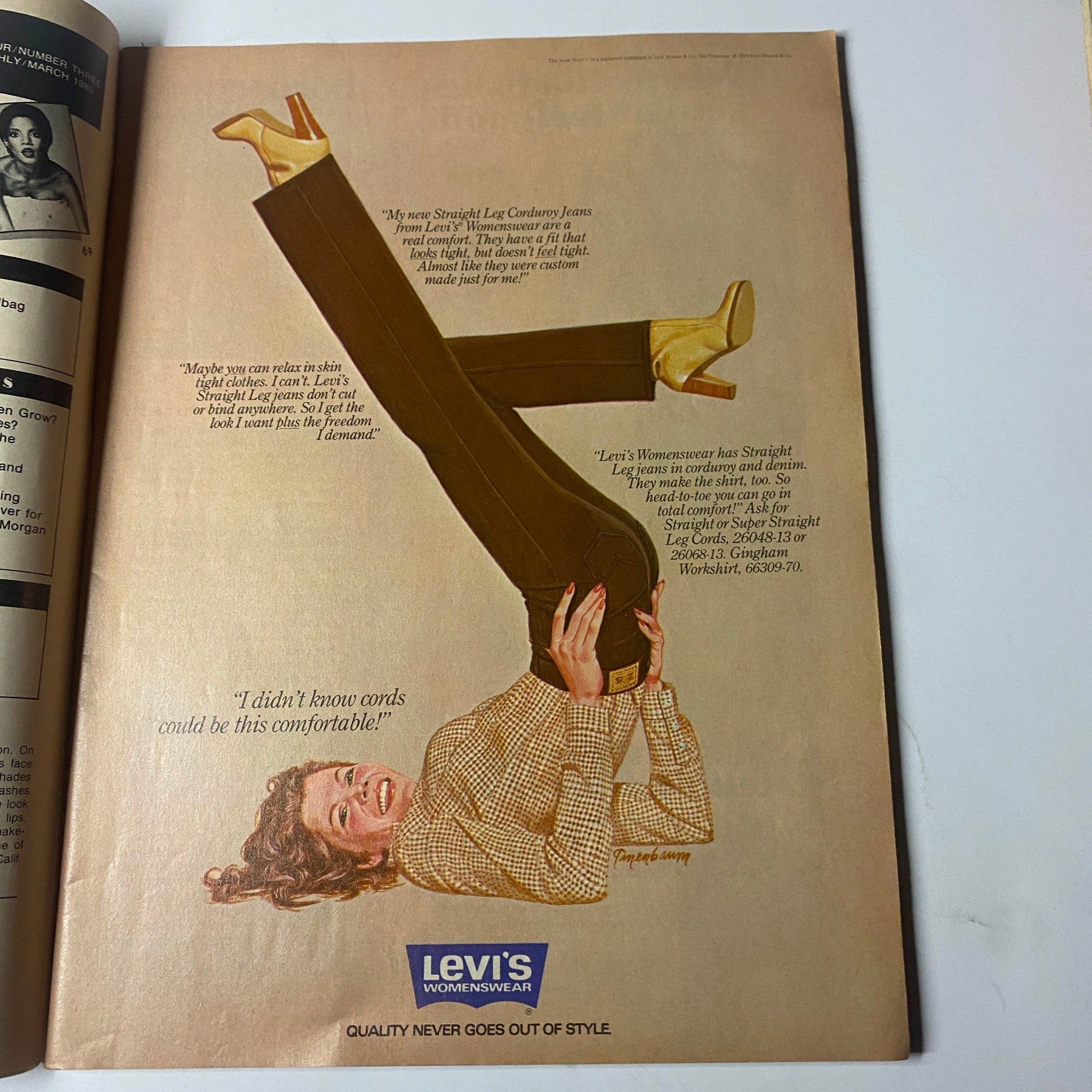 'Teen Magazine March 1980 Vol 24 No. 3 advertisement for Levi's jeans, illustrating a model wearing stylish pants and featuring the tagline about comfort and style.